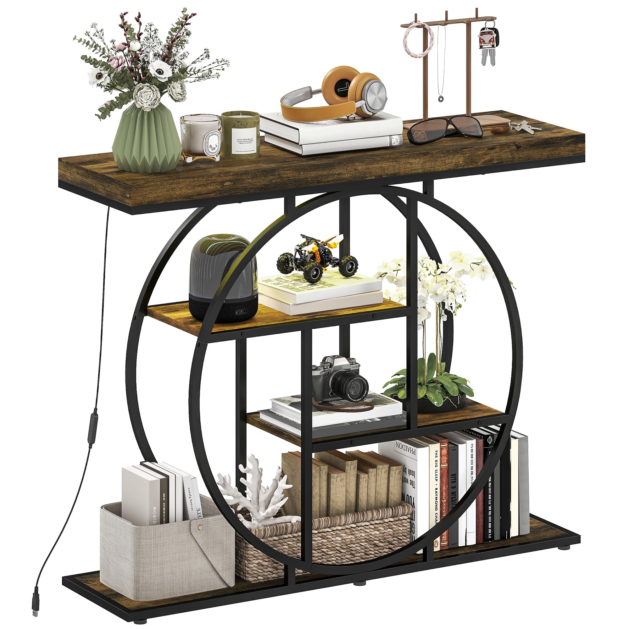 HOMCOM Console meuble avec éclairage LED musique sync 100 cm, table console 4 niveaux, étagères ouvertes, cadre rond en acier, table d'entrée, salon, couloir, style industriel, marron rustique et noir
