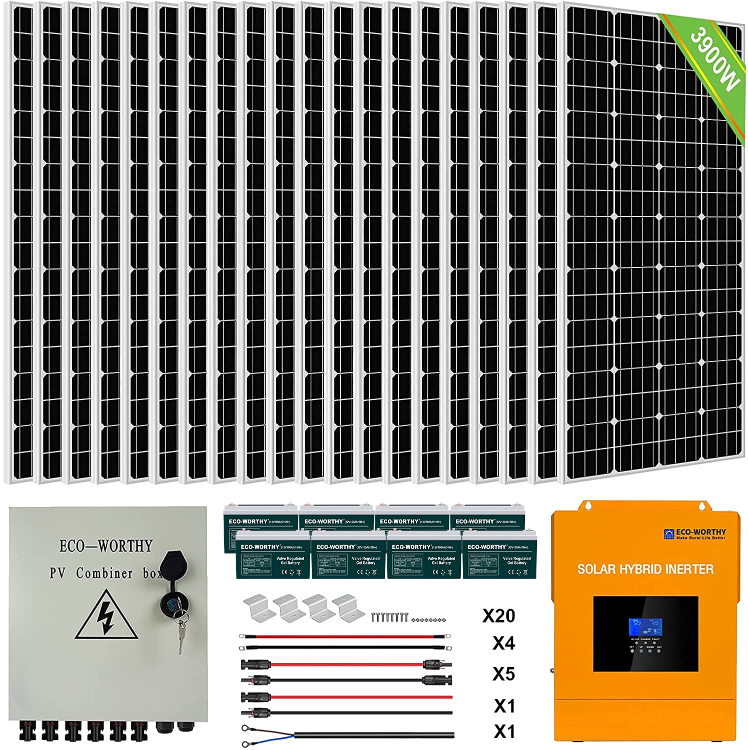 ECO-WORTHY 4KW 16KWH 48V Complete Solar Power System Kit Off Grid Solar Panel Kit with 3500W 48V All-in-one Solar Charge I...