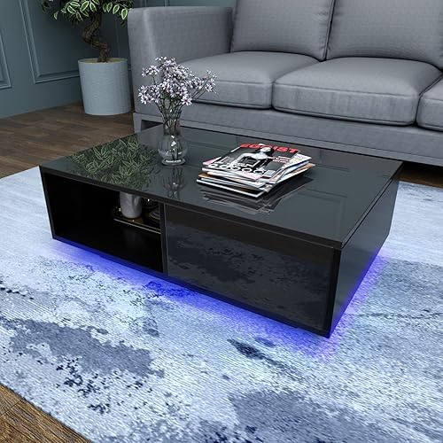 Mesas de centro con luz LED de alto brillo de 16 colores para las necesidades de la sala de estar con cajones mesa de café inteligente moderna negra