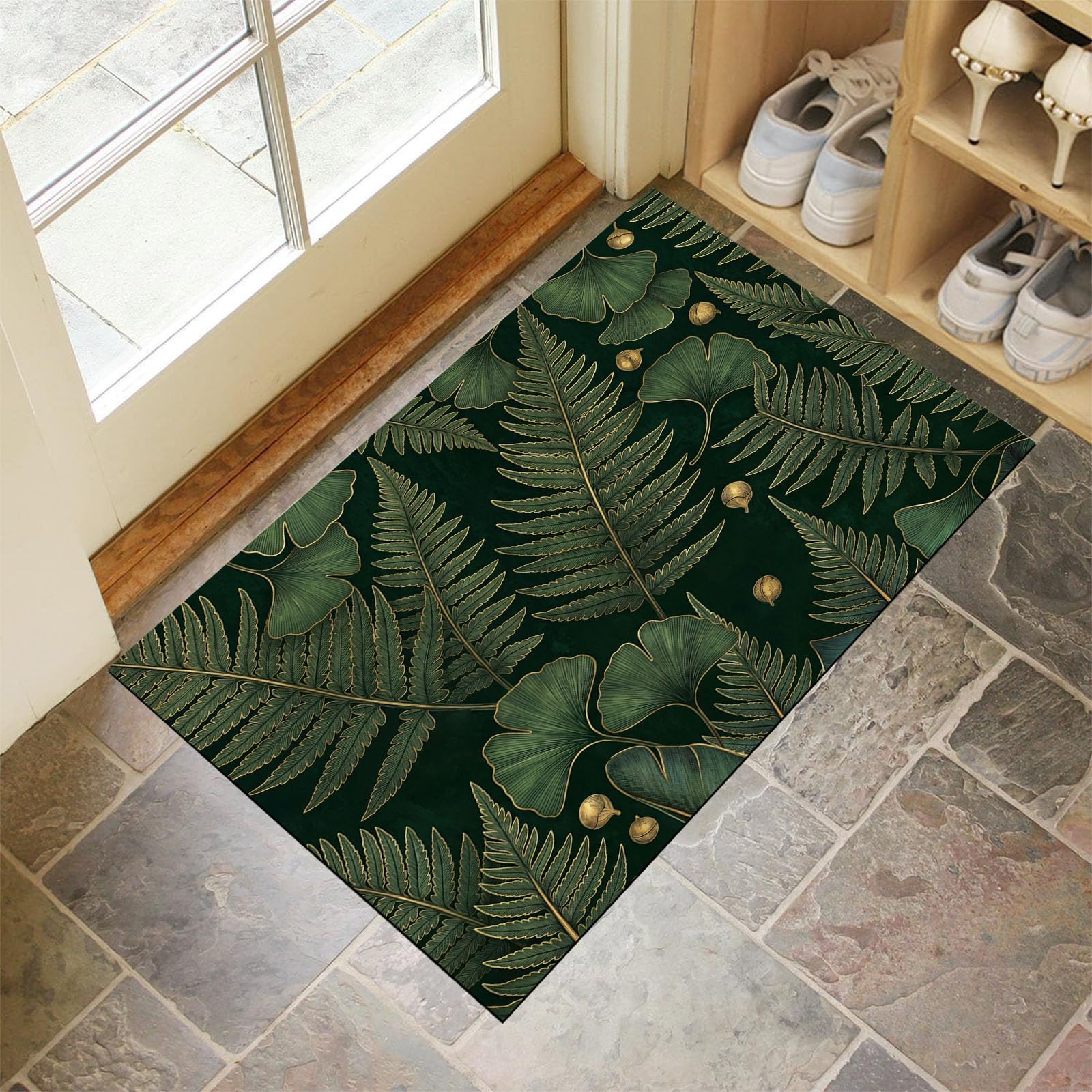 Felpudo Ultrafino para Interiores, 80X120Cm, Helechos De Lujo Alfombra Antideslizante Lavable para Entrada, Textura De Hoja Retro Felpudo De Perfil Bajo, Atrapa Suciedad, Verde Oscuro