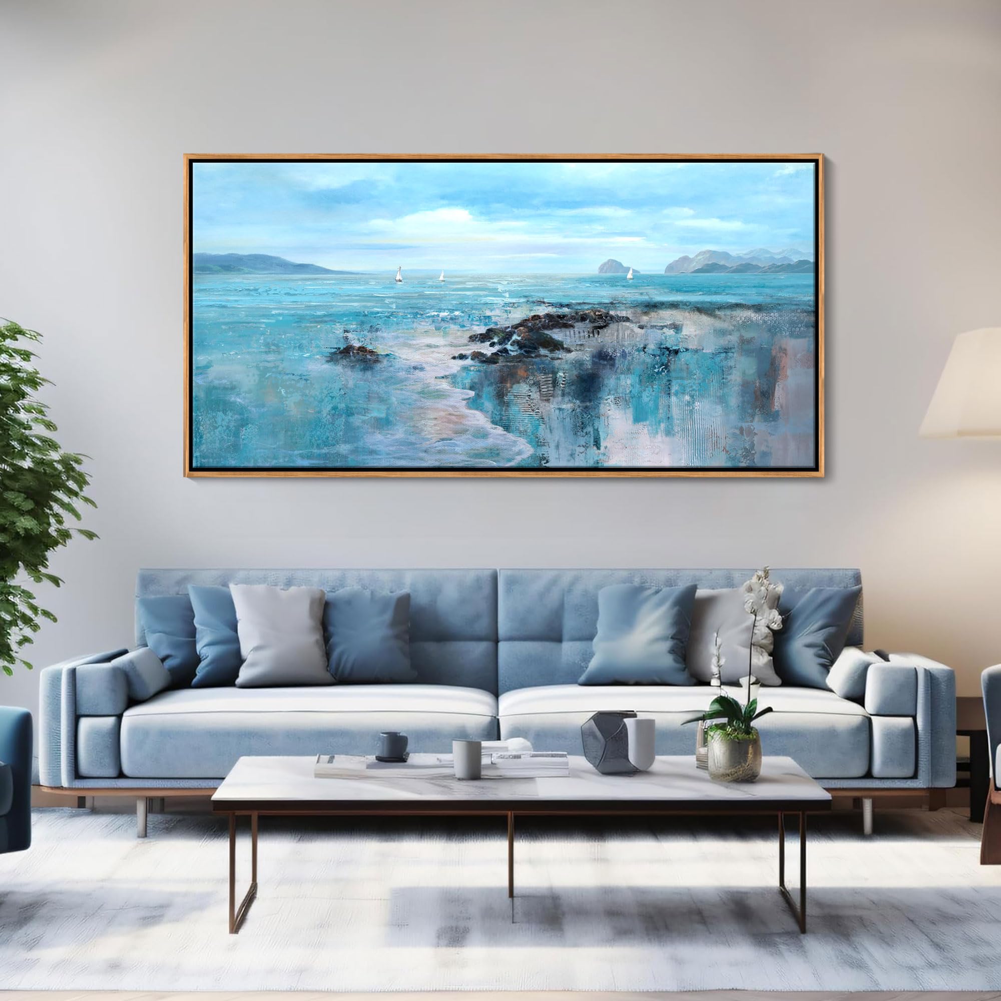 YCPRIMER Beach Large Framed Wall Art for Living Room Coastal Wall Picture for Bed Room Ocean Landscape Canvas Art Wall Decor Sea Canvas Print Artwork for Home Bedroom Office