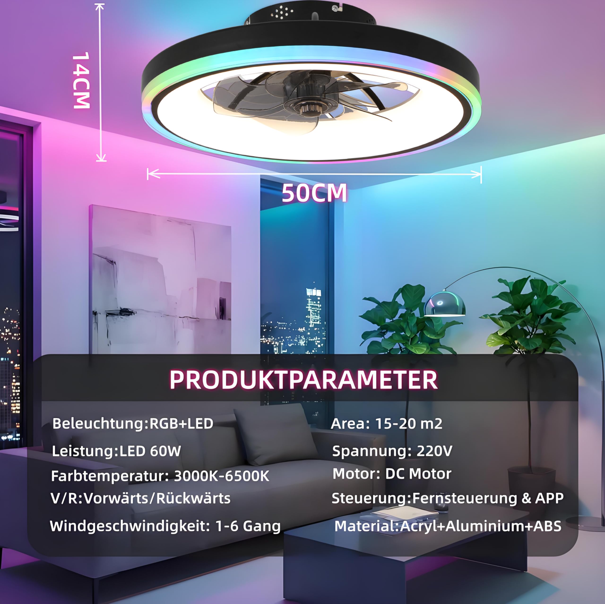 60W RGB Deckenventilator mit Beleuchtung, Leiser Deckenleuchte Mit Ventilator, Fernbedienung & APP, dimmbar (3000K-6500K), 50cm Lampe mit Ventilator, 6 Windstufen Timer, Schlaf- Wohnzimmer