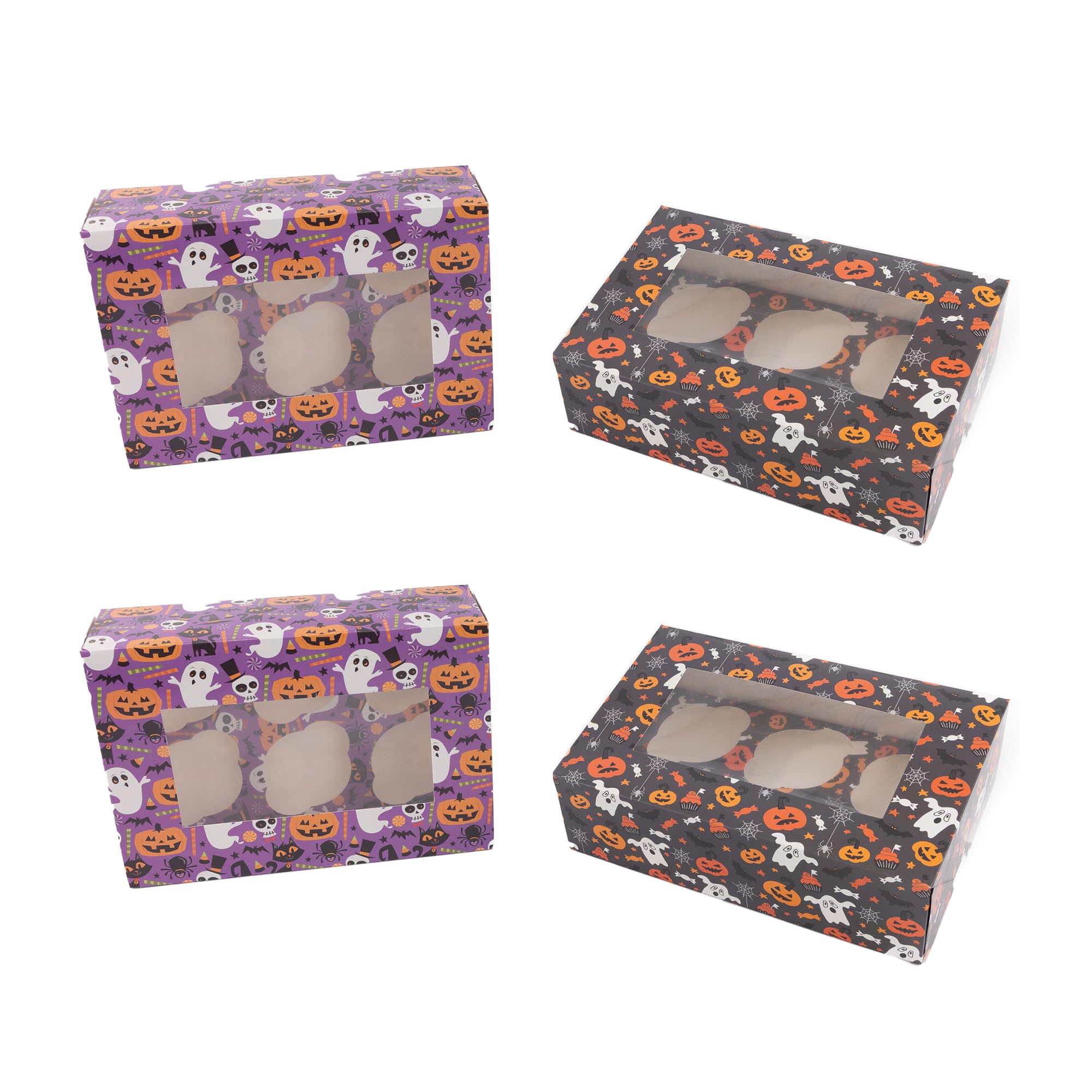 evelay Halloween Cupcake Boxes - Holds 6 Standard Cupcakes - Mixed Spooky Designs with Window & Inserts for Treats, Sweets and Chocolates (Pack of 4)