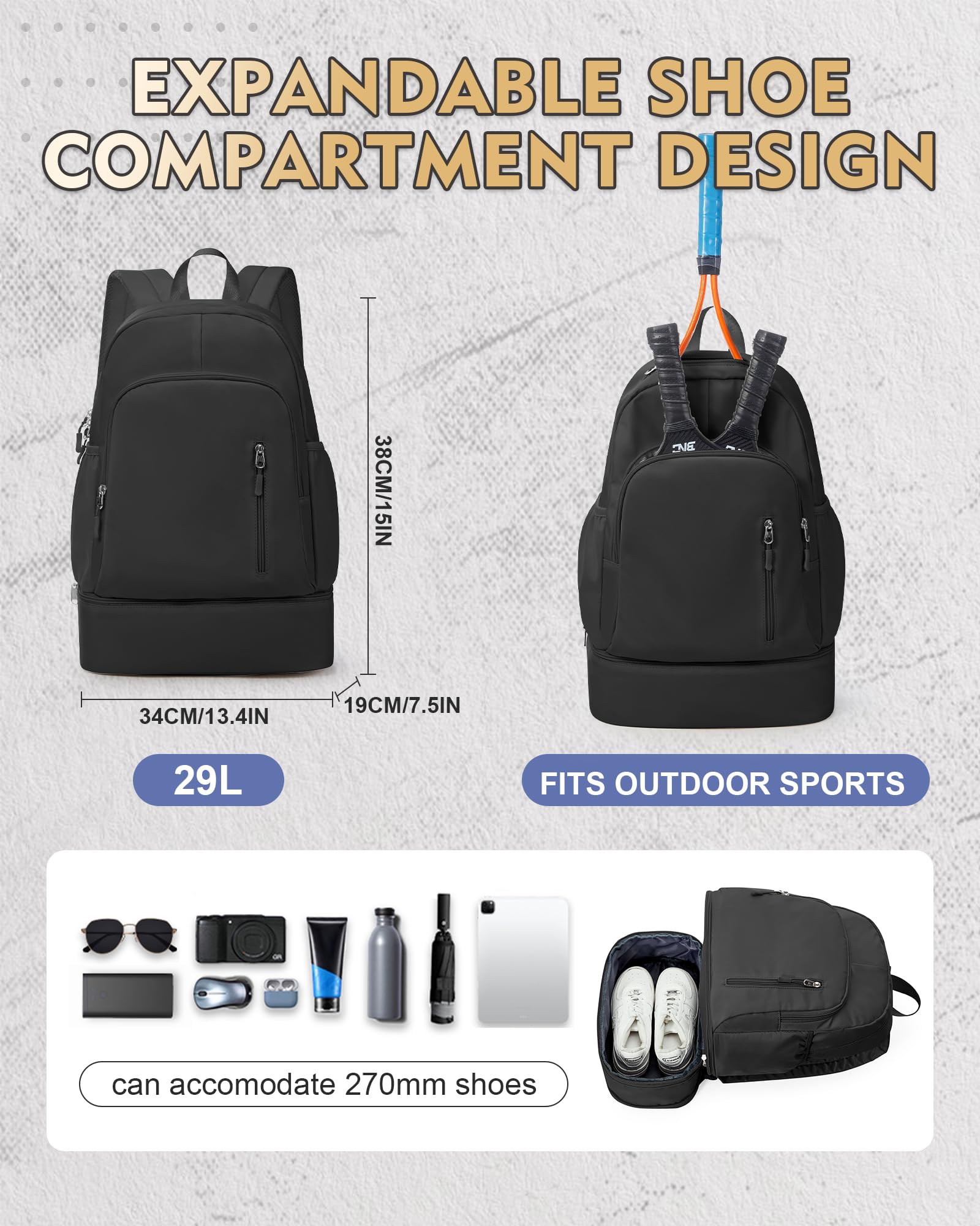 Gym Rucksack damen Sportrucksack mit Schuhfach und Nasstasche,Wasserdichter Freizeitrucksack Sportrucksack Sporttasche für Schwimmen Yoga,Handgepäckrucksack Reise-Laptop-Rucksack,Schwarz