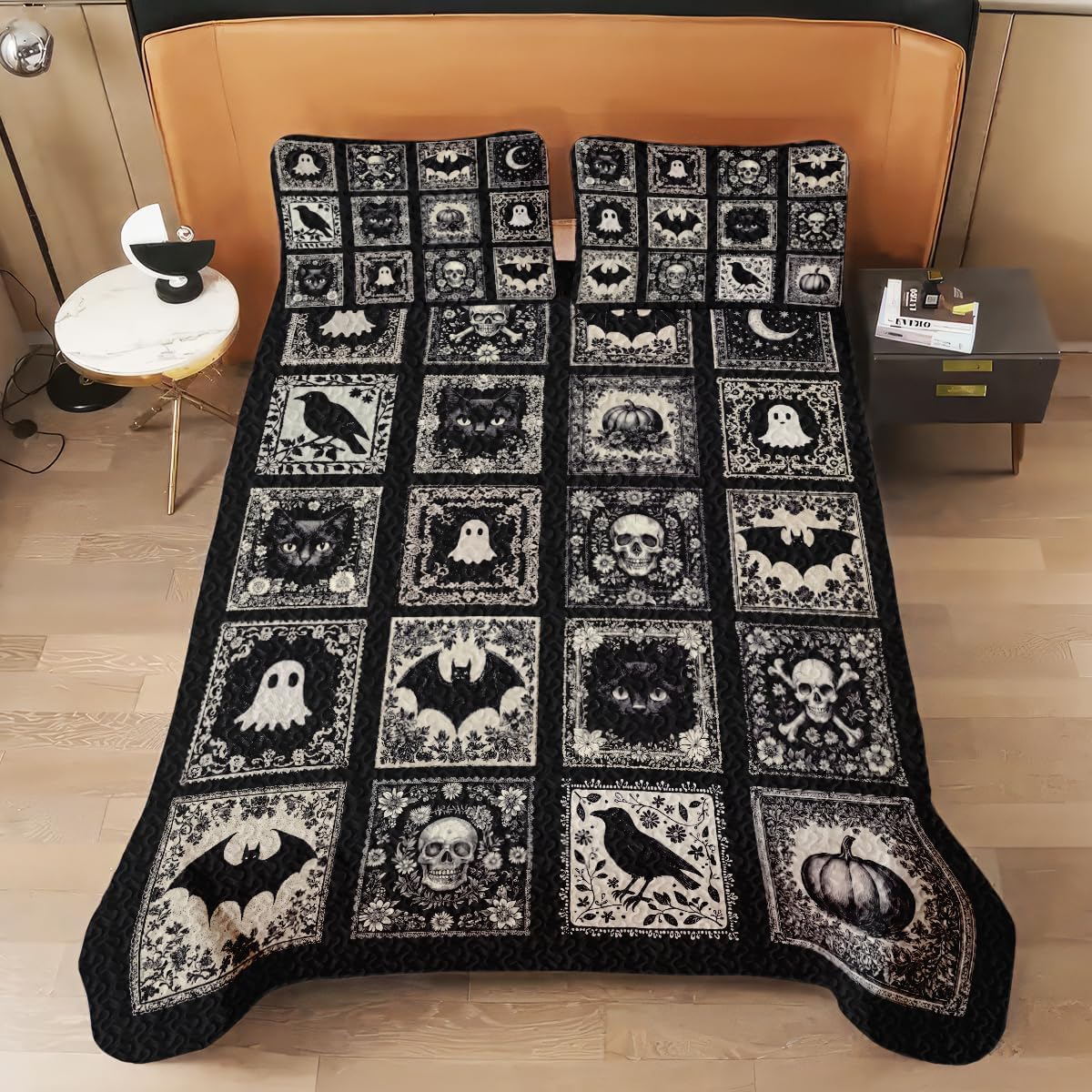 Witch Throw Pattern Quilt Set - Queen, Twin, Full Sizes, Vintage Quilts, Soft Lightweight Fall Bedspread - Gothic Style - Autumn Bedroom Decor (Gothic Style #2)
