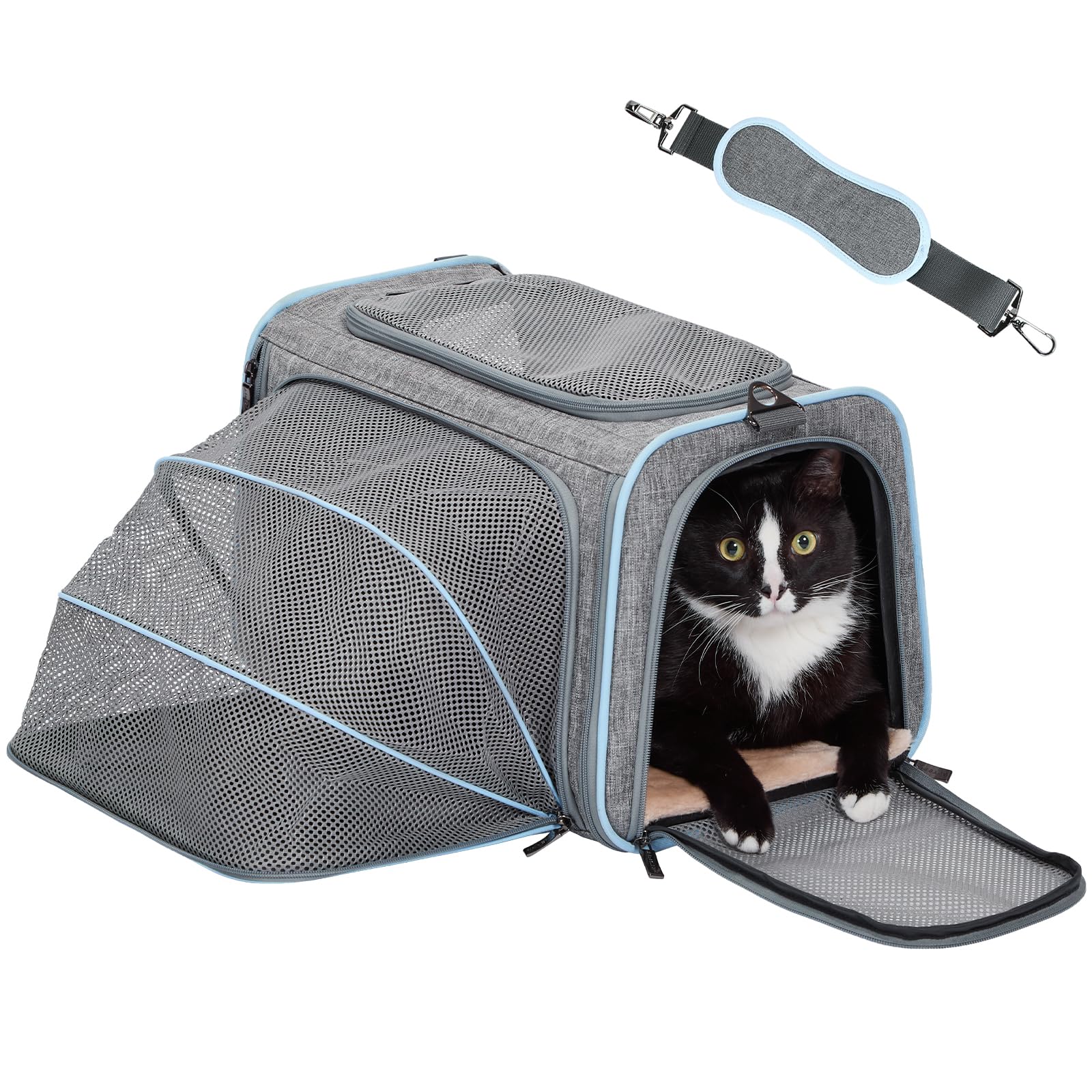 Petsfit Składana torba transportowa dla kotów i psów, rozszerzalna, z paskiem na ramię, torba lotnicza, tkanina Oxford, rozm. M/szara/jednostronna