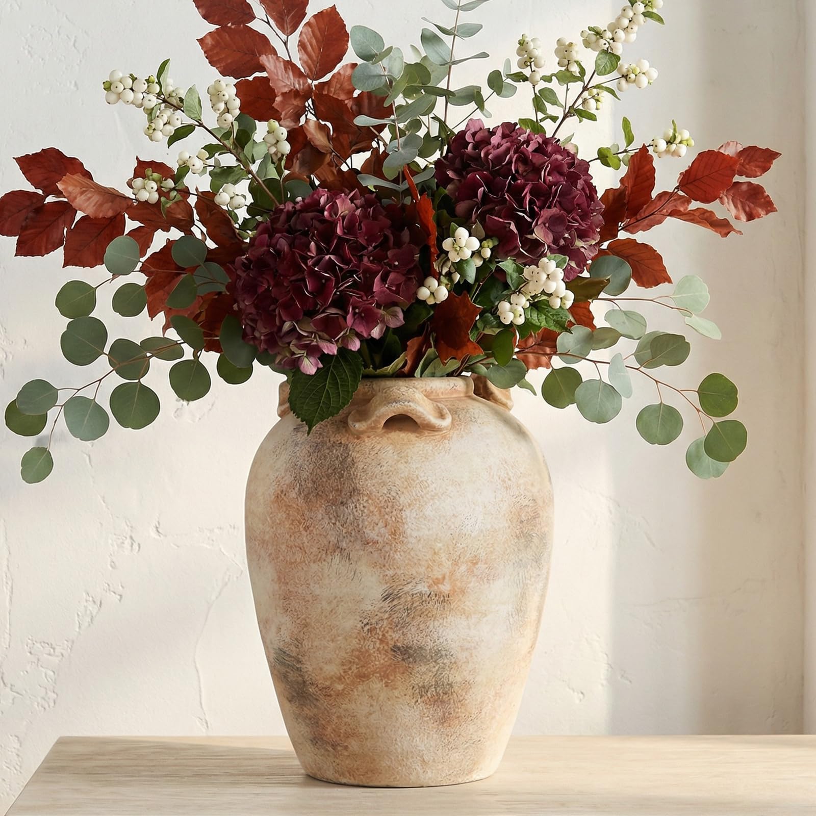 Briful 11.2" Large Rustic Ceramic Vase for Home Decor, 28.5CM Tall Flower Vase with 3 Handles, Vintage Boho Farmhouse Decorative Sand Vases for Pampas Grass Dried Flowers Table Centerpiece