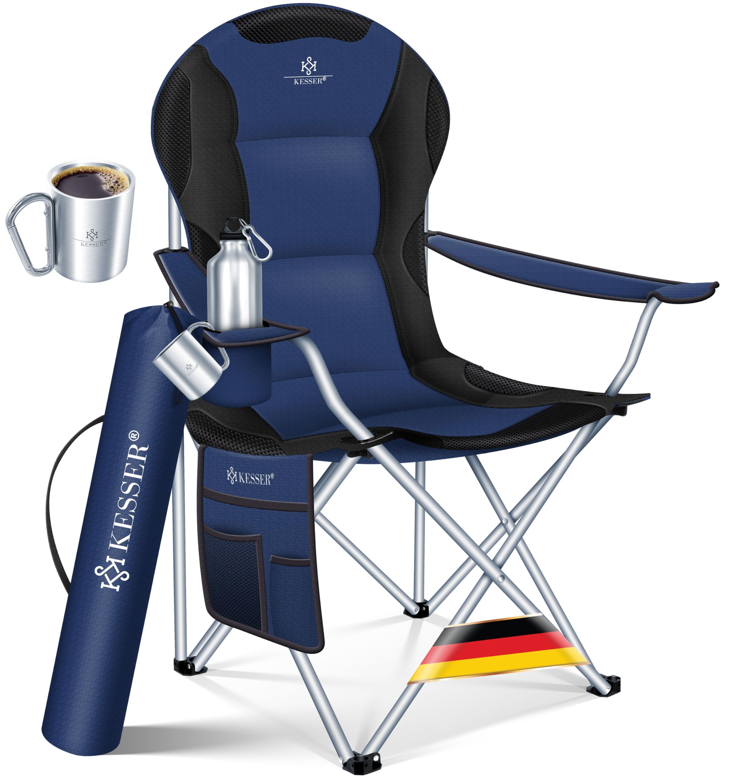 KESSER® Campingstuhl faltbar bis 150 kg Angelstuhl Faltstuhl Klappstuhl Gepolstert mit Armlehnen, hohe Rückenlehne Strandstuhl, Klapphocker inkl. Getränkehalter Tasche & Becher Navyblau