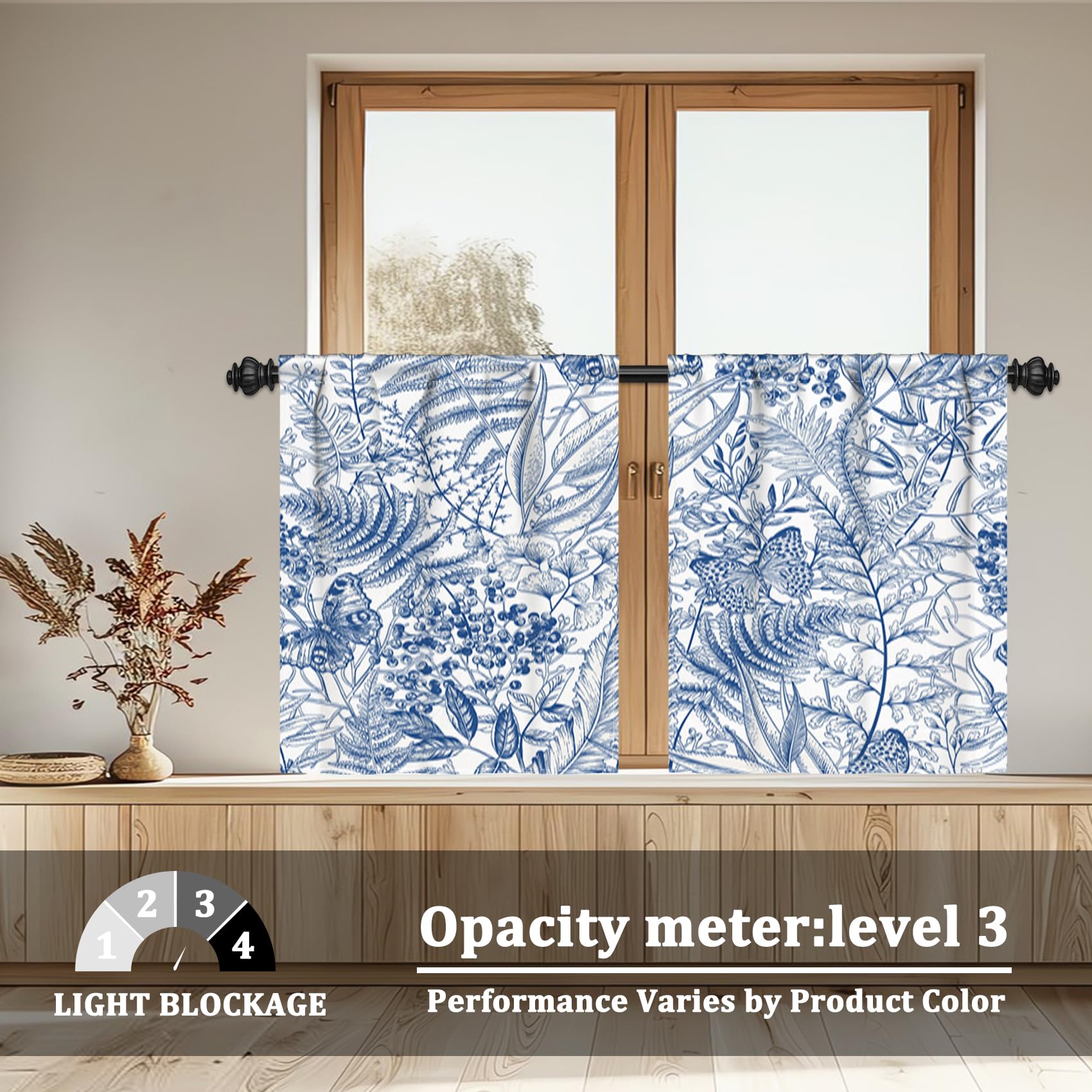 Renaiss 26 x 24 Inch Short Linen Curtains Farmhouse Blue Floral Print Tier Curtains Back Tab Drapes for Kitchen Bathroom Butterfly Leaf Berry Room Darkening Country Vintage Curtain Rod Pocket 2 Panels