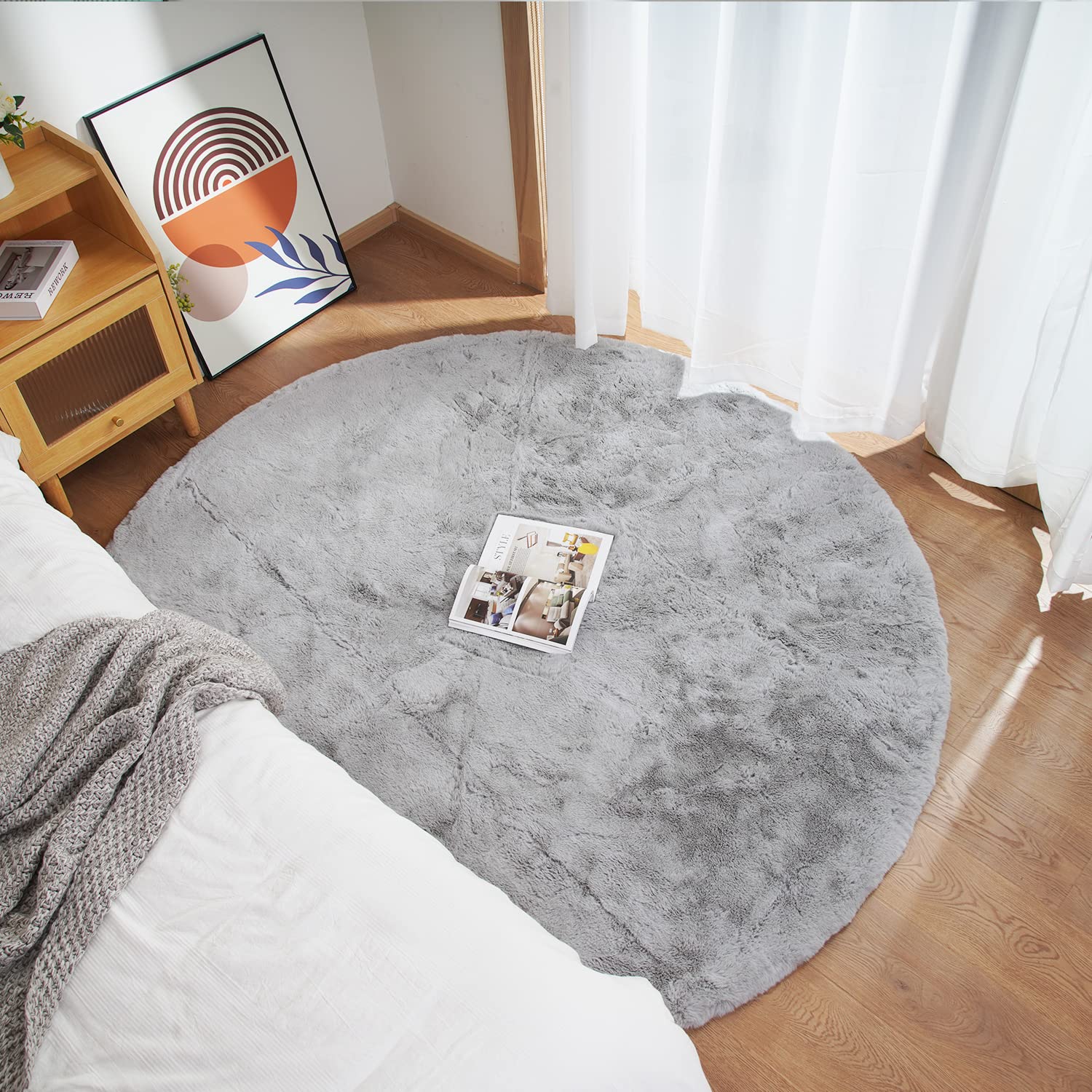 Ghouse Faux Tappetto di Pelle di Pecora Tappeto a Pelo Corto Lavabile Fluffy Uni Effetto Pelliccia Antiscivolo Facile da Pulire, Dimensione: Tondo 90 cm, Colore: Grigio