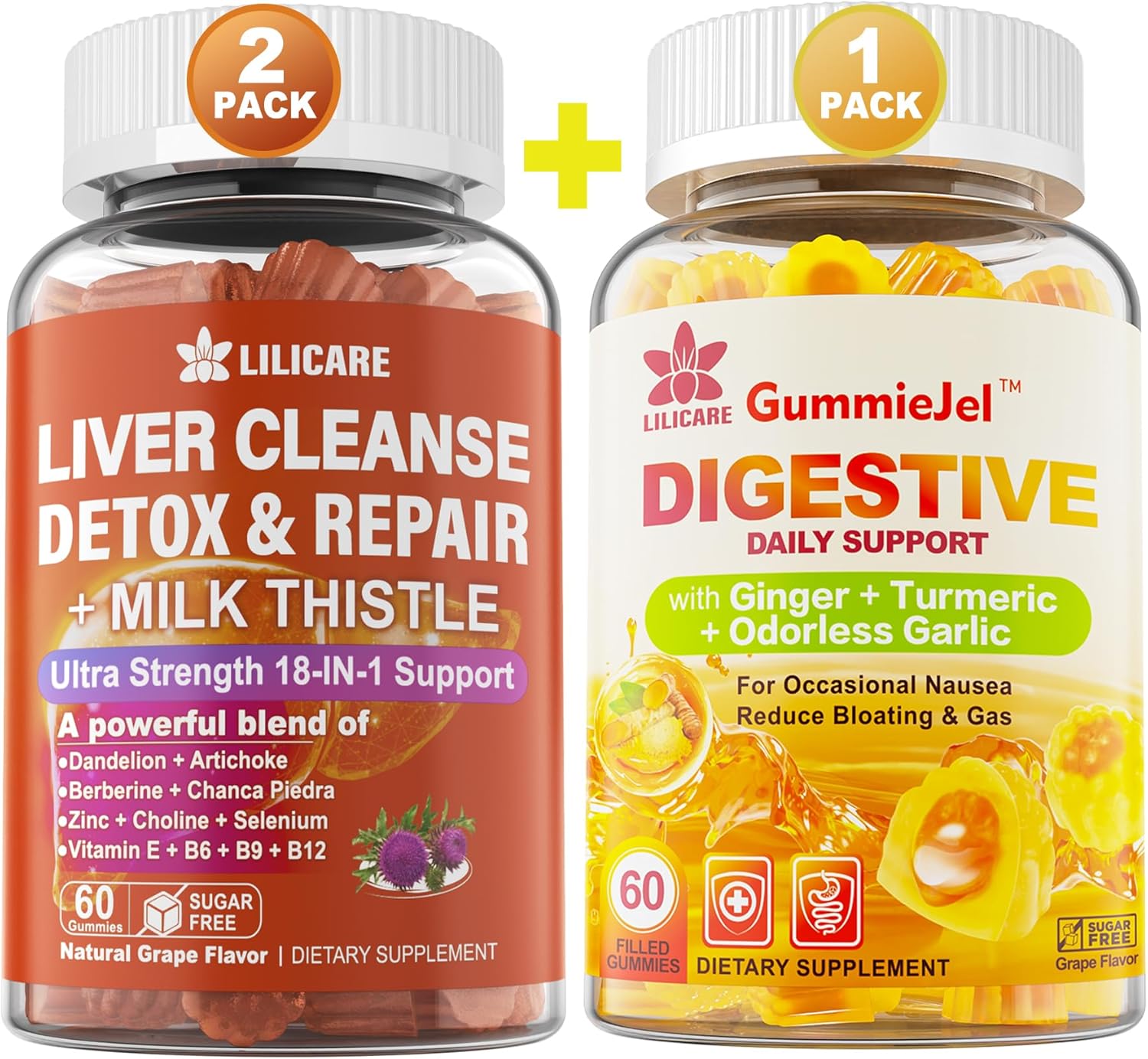 LILICARE Bundle Ginger Chews Supplement Gummies for Nausea, Stomach Relief & Liver Cleanse Detox & Repair Gummies with Milk Thistle