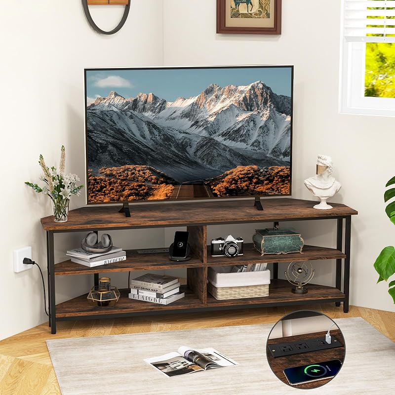 Tangkula Corner TV Stand for TVs up to 65”, TV Console Table w/AC Outlets, USB A Ports, USB C Port, Metal Frame & Storage Shelves, 55” Media Entertainment Center for Living Room (Rustic Brown, 55" L)