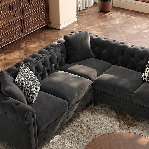 Miniatura 4 de ONBRILL Chesterfield - Sofá en forma de L, sofás seccionales de terciopelo para sala de estar, sofá esquinero copetudo con brazos enrollados, 3