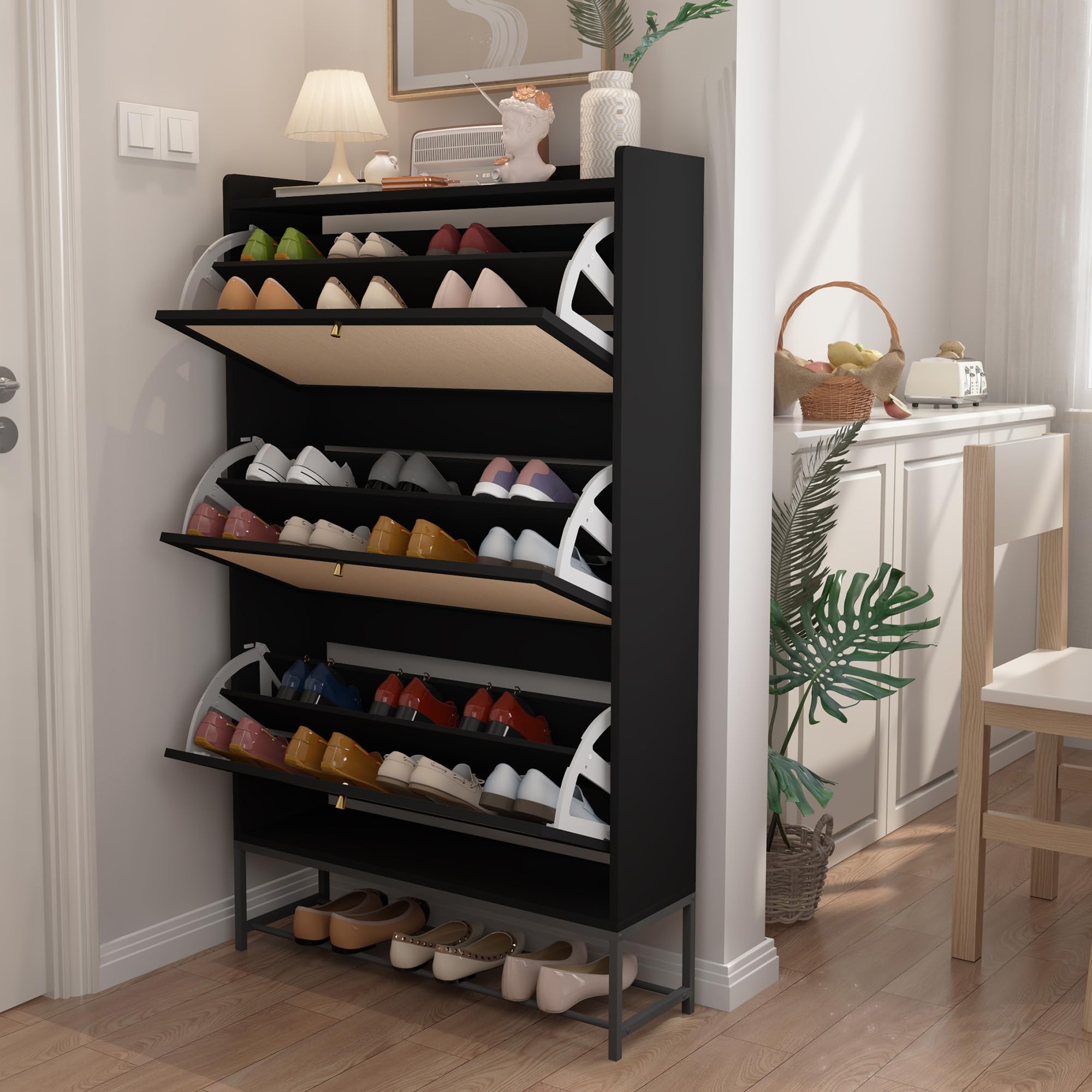 AVZEAR Shoe Cabinet, Shoe Cabinet Freestanding Tipping Bucket Shoe Rack Organizer with 3 Flip Drawers, Modern Entryway Narrow Shoe Rack for Entryway, Hallway, Bedroom (Black)