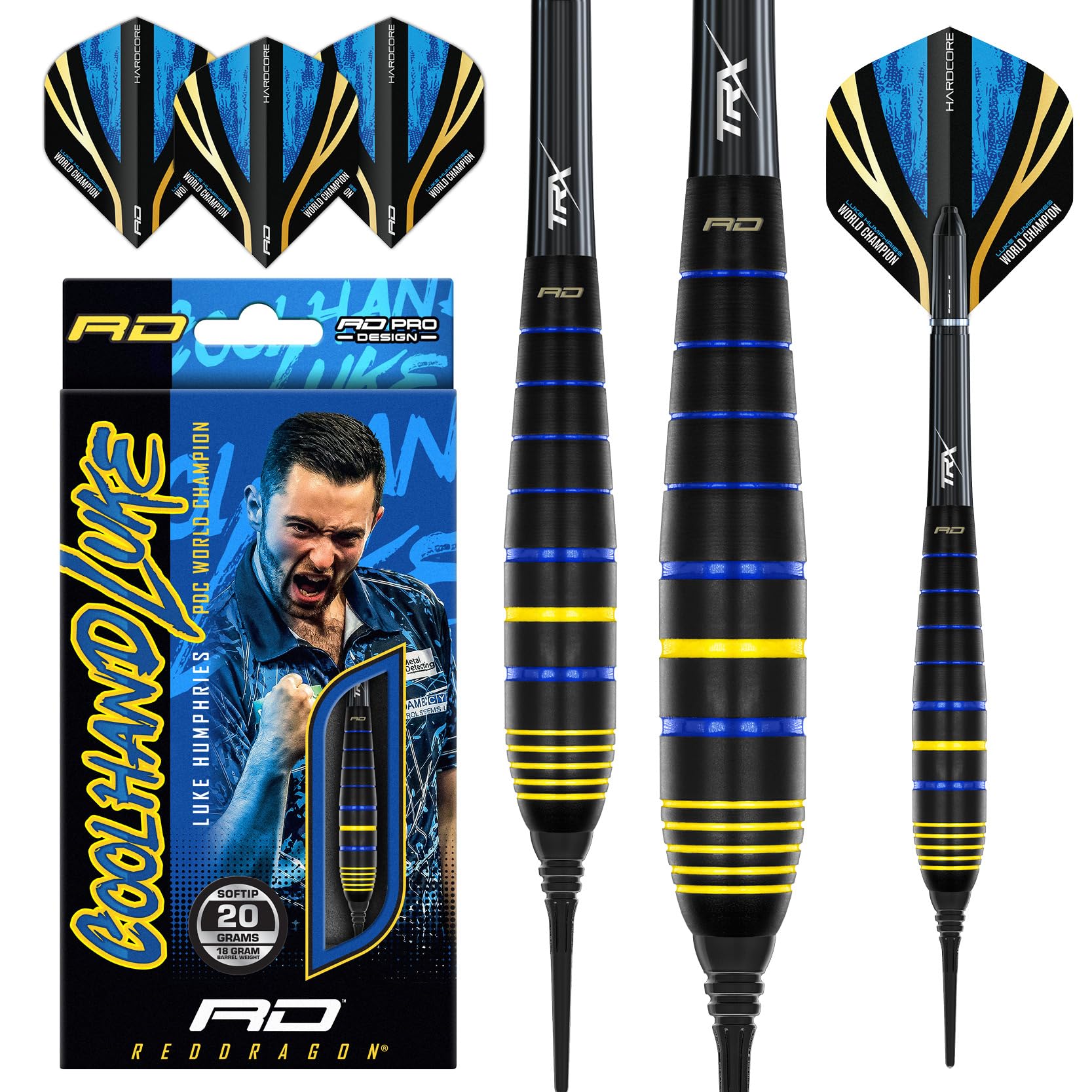 RED DRAGON Flechette Luke Humphries Coolhand 20g Soft Tip Darts Set de 3 Laiton Cible Électronique