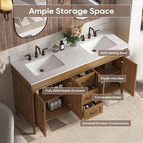 60 Inch Bathroom Vanity with Double Sink Combo, Light Walnut