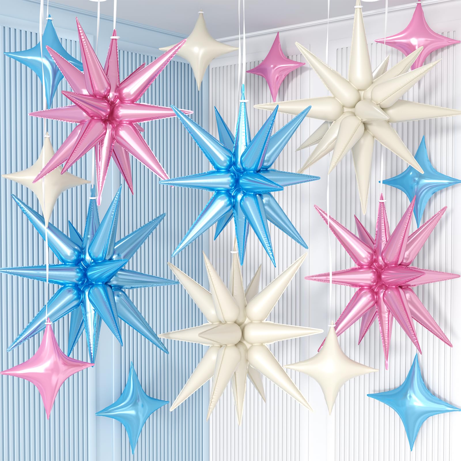 Pink Blue White Star Balloon,Pink Blue 6Pcs 22Inch Explosion Star Balloons and 10Pcs 10Inch Four Angle Balloons Kit for Birthday Anniversary Baby