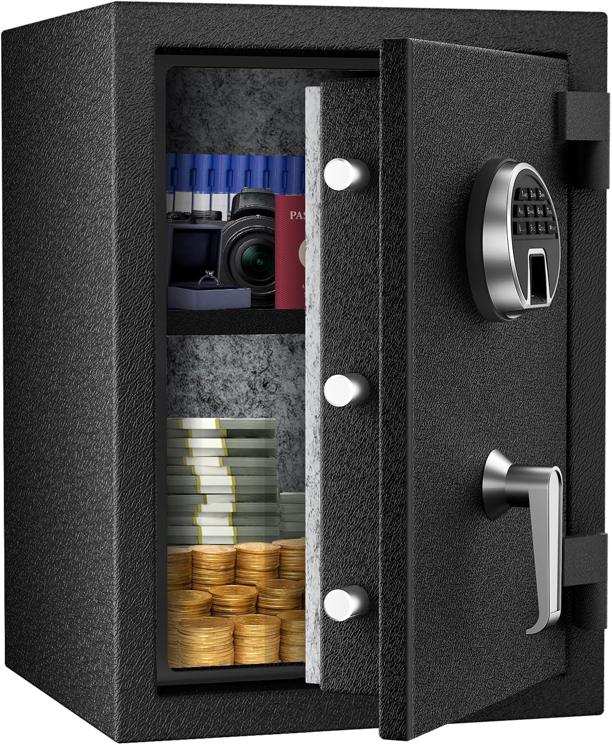 WASJOYE Fireproof Fingerprint Protected Field, Biometric Protected with Digital Keypad Lock and Fingerprint Lock, 2.3 Cu Ft Fireproof Waterproof Safes for Dwelling Workplace Resort Jewellery Paperwork Valuables Storage