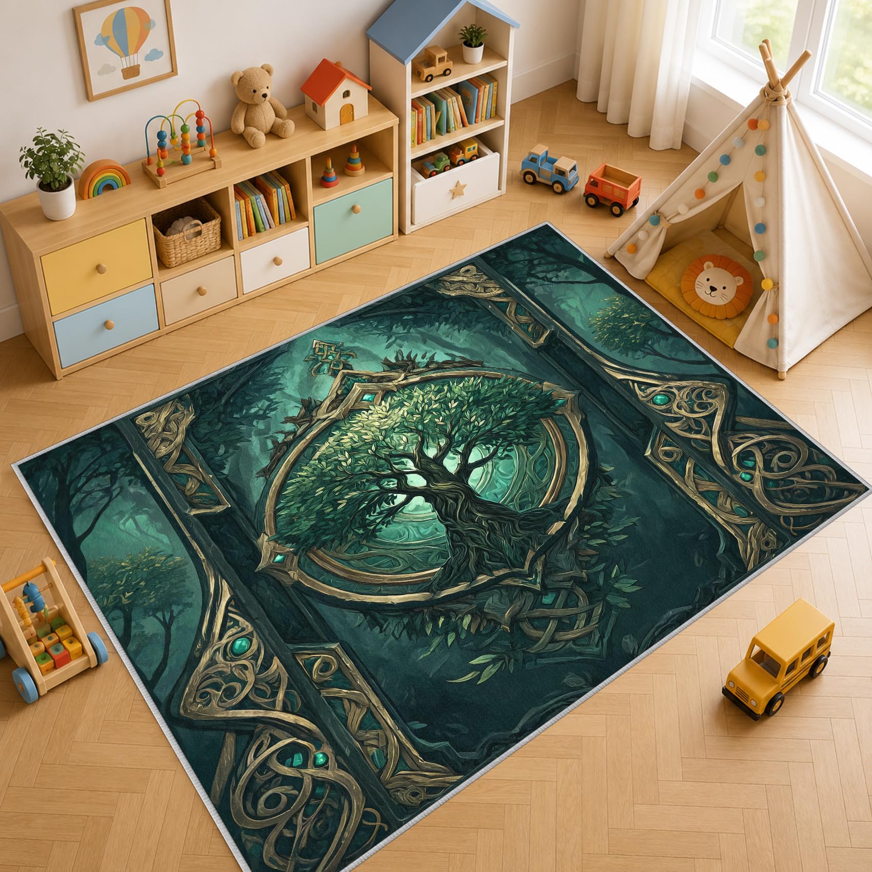 Générique Tapis Arbre de Vie Vert Lavable en Machine Antidérapant 80x150cm