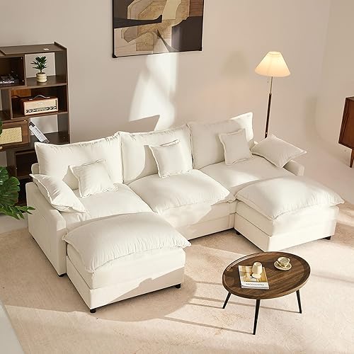 108" U Shaped Couch, Modular Sectional Sofa, 3-Seater Comfy Cloud Couch with Movable Ottoman, Deep Seat Couches for Living Room, Chenille, Ivory
