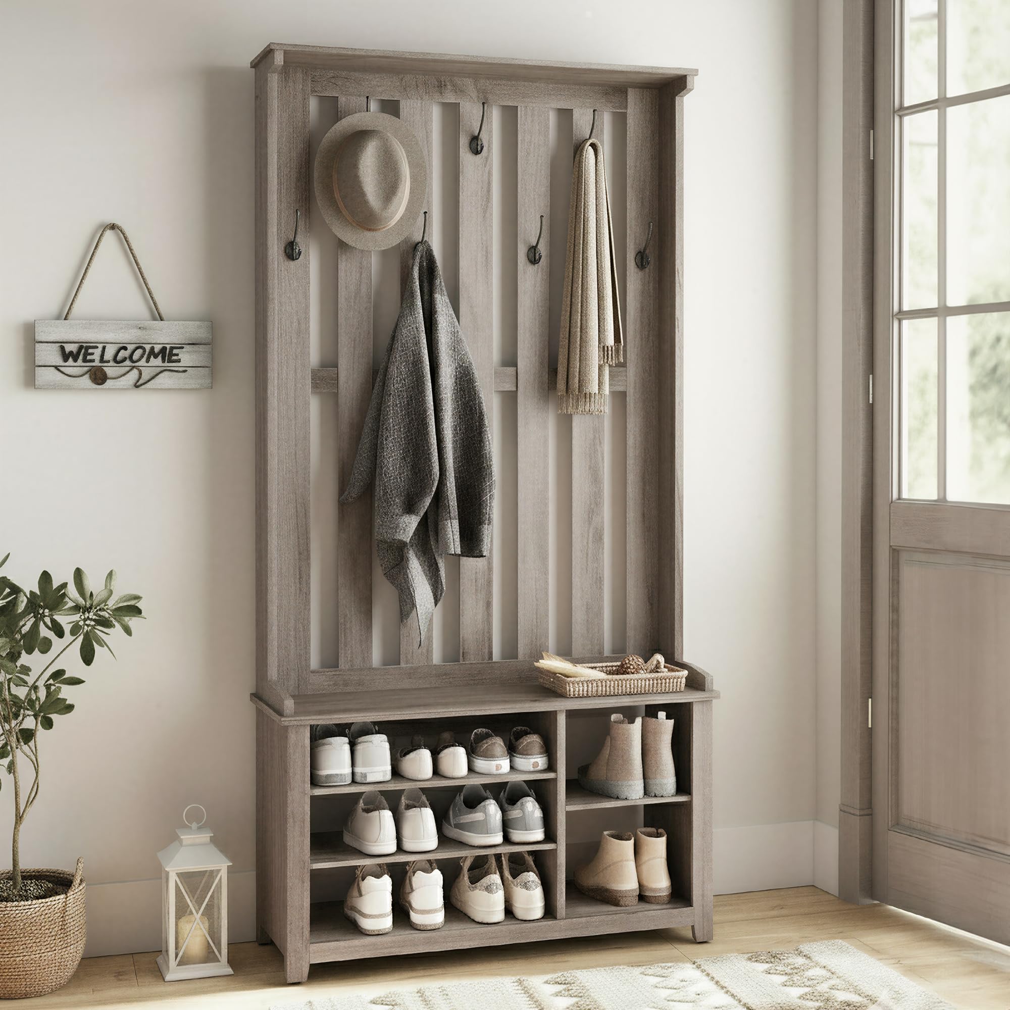 VASAGLE Hall Tree with Bench and Shoe Storage, Coat Rack with Shoe Bench, 7 Double Hooks for Jackets, Hats, Entryway, Bedroom, Living Room, 13.8 x