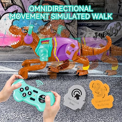 Miniatura 5 de Juguetes de dinosaurio a control remoto para niños de 3, 4, 5, 6, 7, dinosaurio realista a control remoto con música, rocío, luz, rugidos, gran