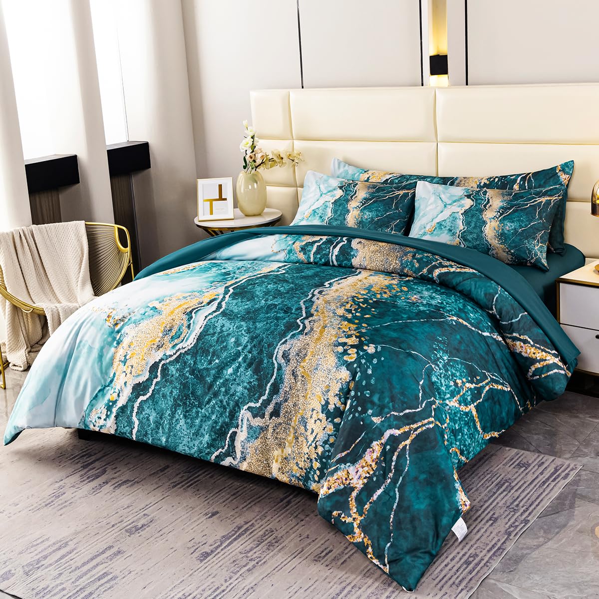 PERFEMET King Size Watercolor Marble Comforter Set in a Bag 6 Pieces