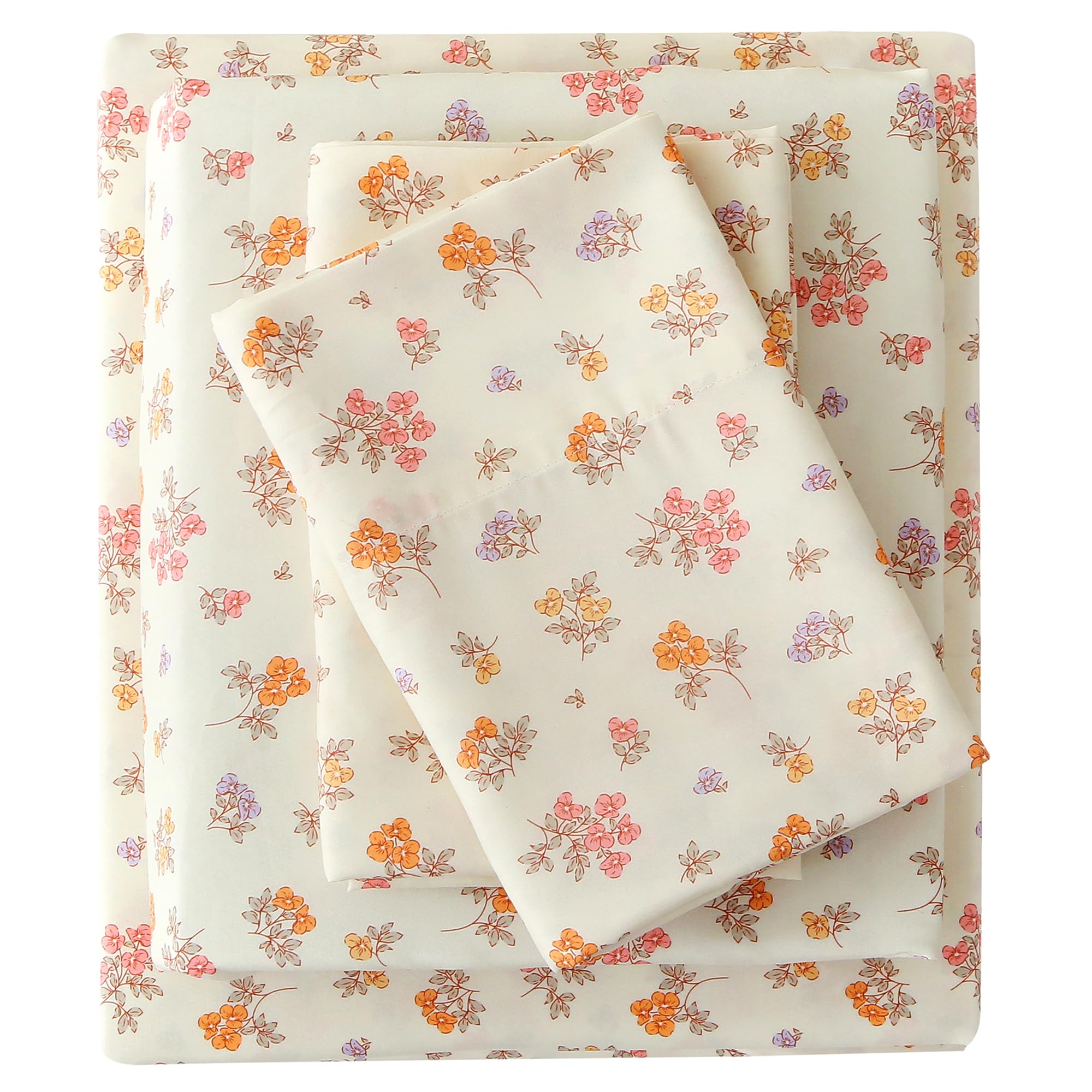 Viviland Floral Queen Sheet Set - 4 Piece Vintage Lavender Flower and Leaves Patterned Bed Sheets - Soft