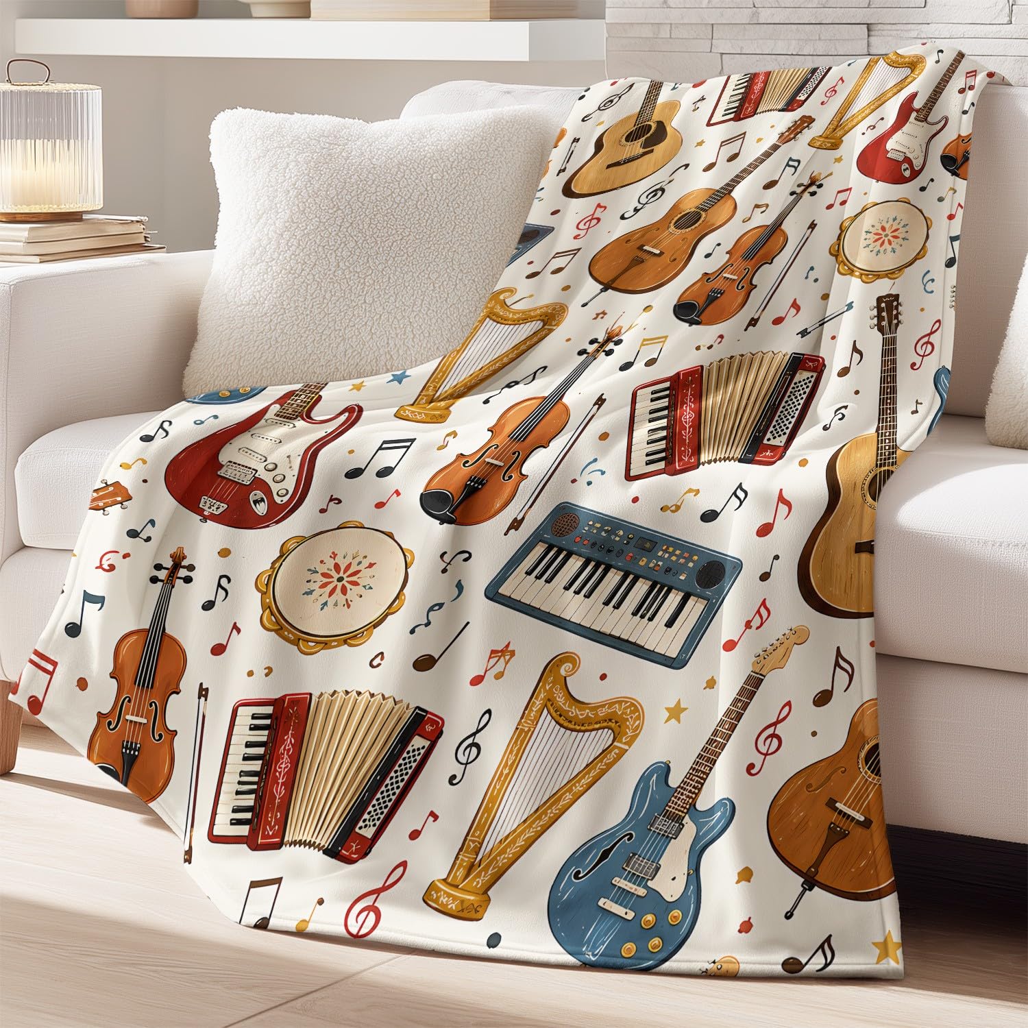 Genérico Música Manta Polar Manta 130 x 150 cm, Luz de franela de microfibra suave dinámica Instrumento nota musical, Beige, Regalo para padres y niños