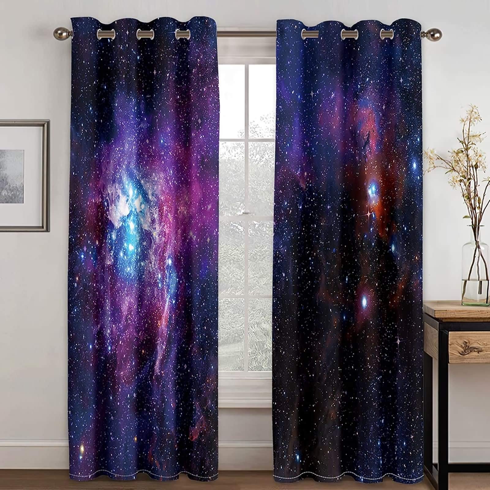 Rideau isolation thermique et occultant imprimé galaxie violet pour grand salon