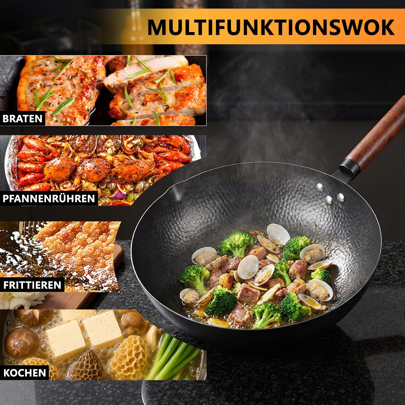 Wok mit Deckel 32cm Gusseisen Wokpfannen: Wok für Alle Herdarten Geschmiedet Eisenpfanne Keine Chemische Beschichtung Rostfrei und Leicht Reinigen