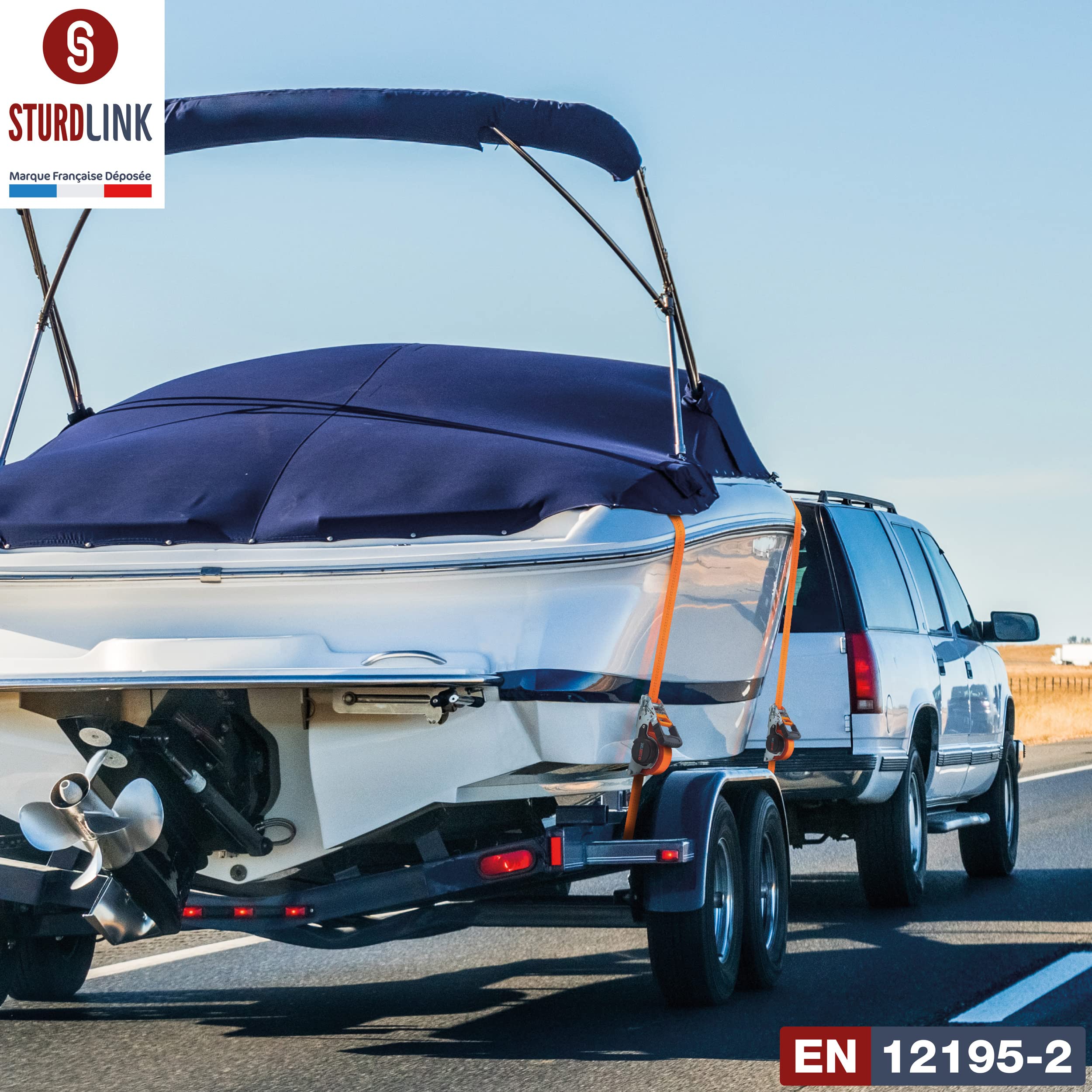 Sangles a Cliquet Automatique 35mm 5m Crochets J Acier LC 1000kg/2000kg en U | Enrouleur de Sangle Automatique | Idéal Fixation Remorque Porte Moto Quad Auto | Lot de 4 + Sac | EN 12195-2 | Sturdlink®