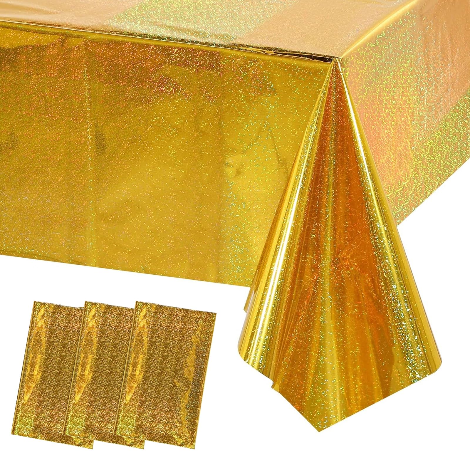 confezione da 3 tovaglie dorate iridescenti per feste, 137 x 274 cm, copertura da tavolo scintillante e olografica con glitter, in plastica con lamina diamantata, rettangolare, ideale per