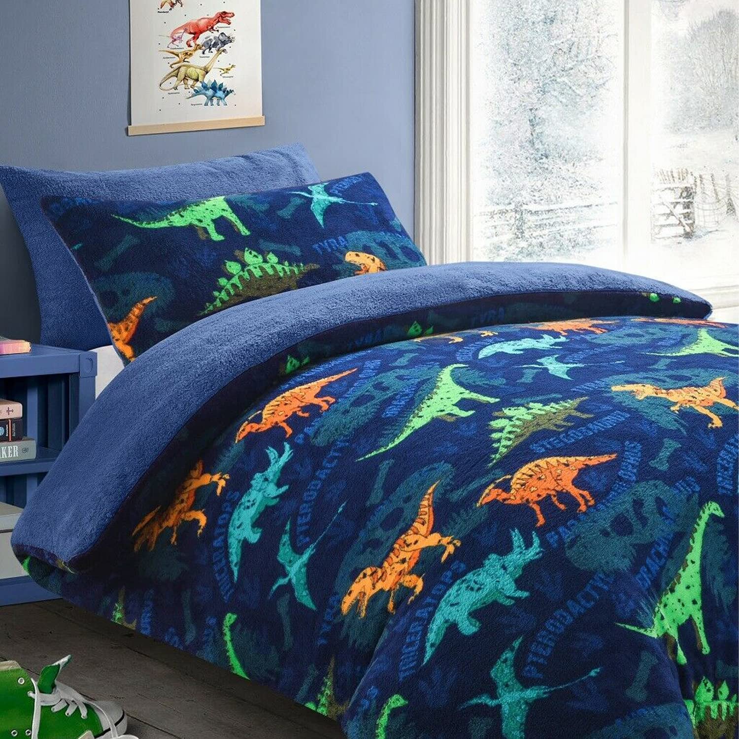 EGYPTO Polyester Dinosaur Teddy Fleece Duvet Cover with Pillowcase-Warm Duvet Bedding Set for Kids (Single, Blue)