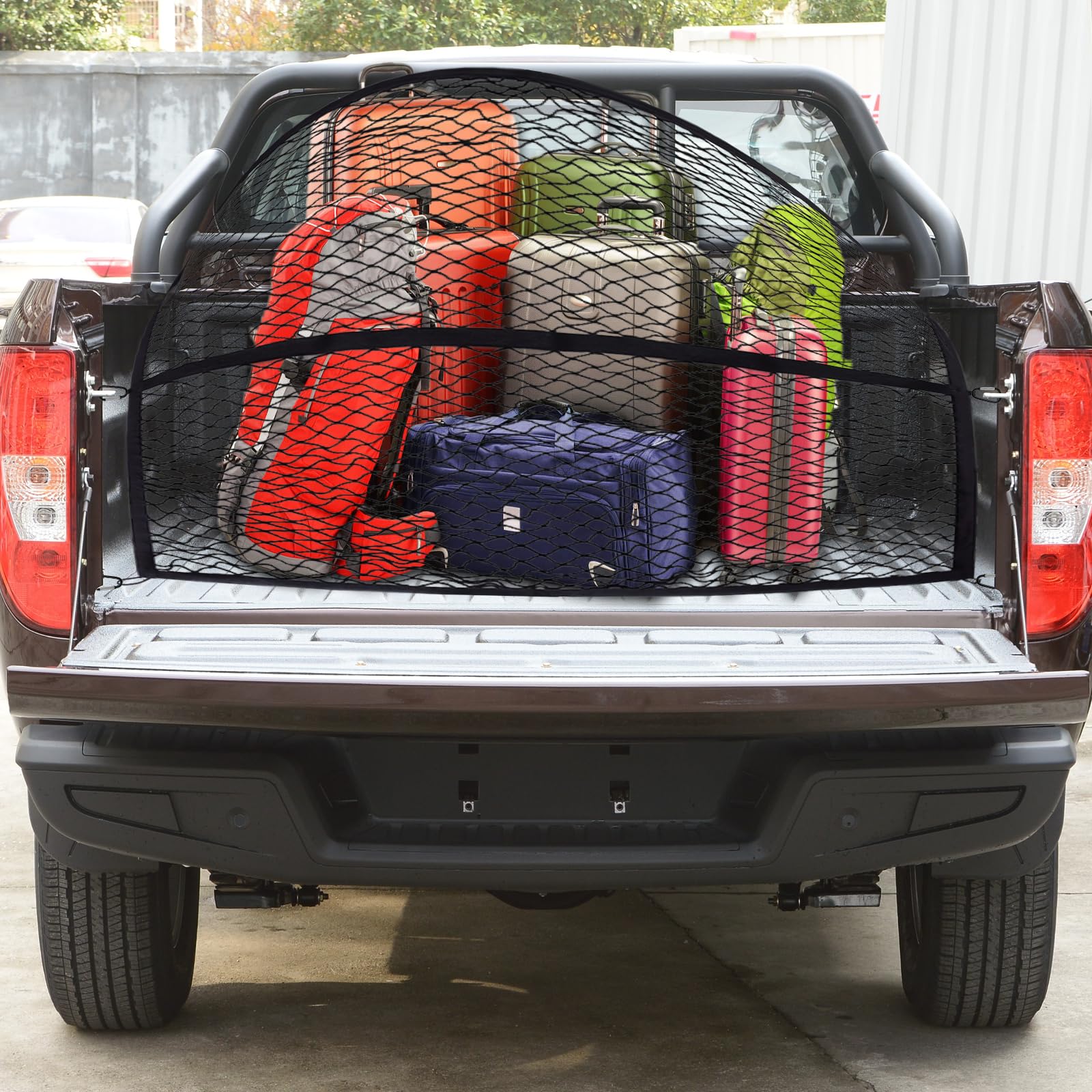 Filet de coffre de 1,2 x 1,2 m extensible jusqu'à 2,1 m x 2,1 m - Filet à bagages hautement élastique - Filet de sécurité pour coffre - Avec 8 mousquetons en acier - Pour la plupart des