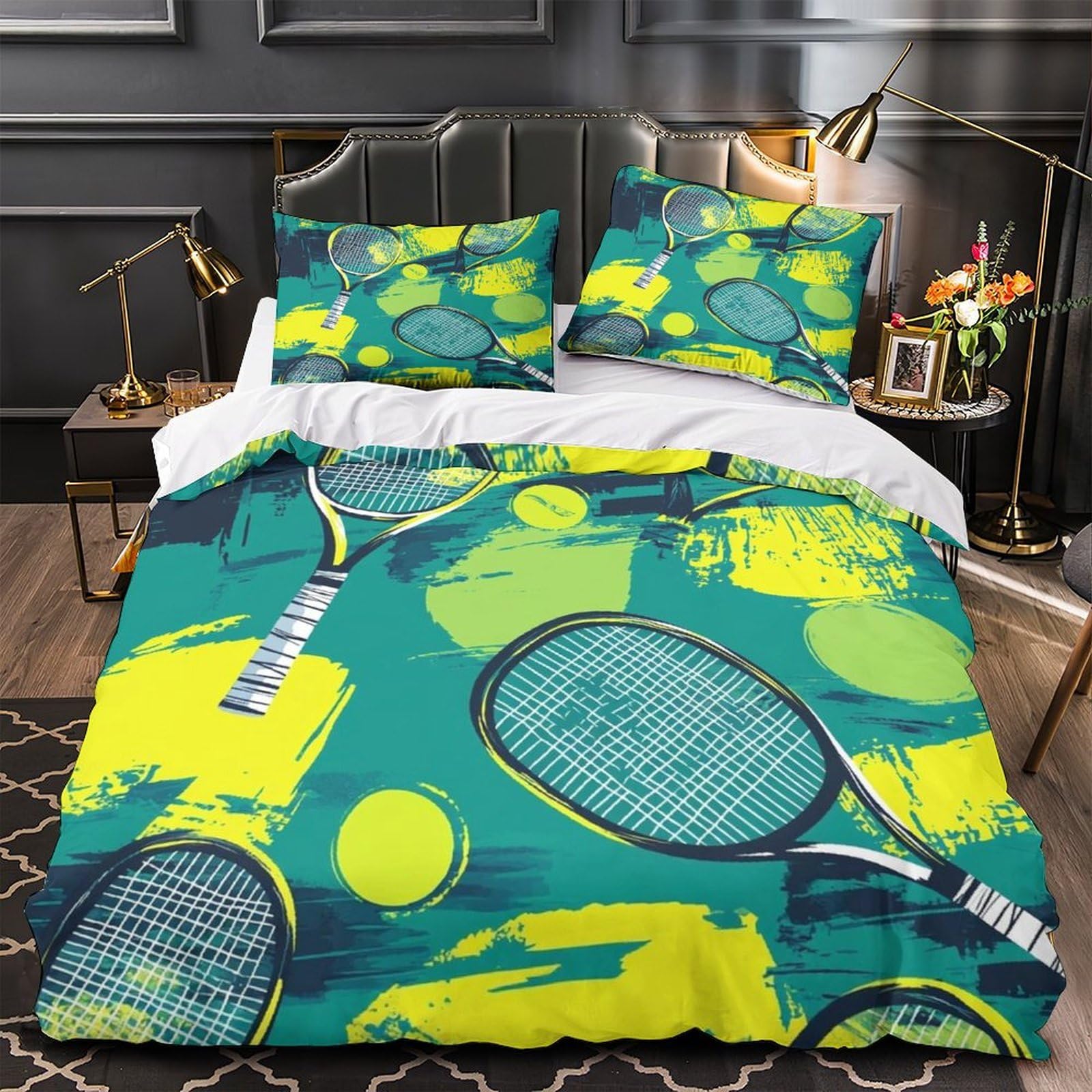 MMDASBVPE Tennis Rackets Comforter Cover 3D Print Hypoallergenic 3PCs Bed Linen Hidden Zipper Quilt Cover Extra Soft Durable for Teens Youth Adults Women Kids Boys Super king（260x220cm）