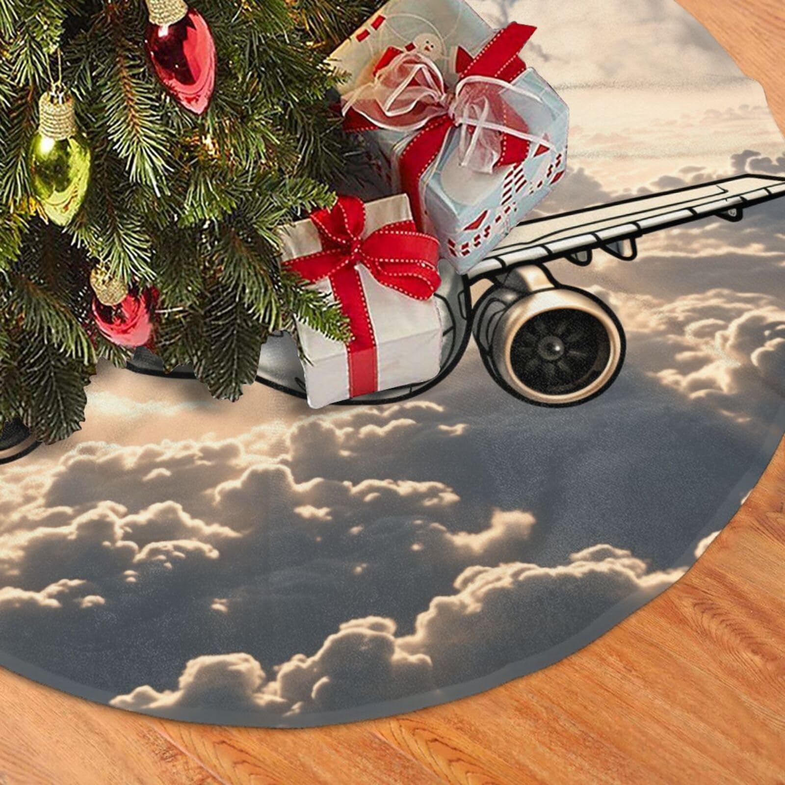 Fodpand Black Airplane Flying Christmas Tree Skirt 48" Velvet Xmas Tree Skirt Mat Rustic Christmas Tree Mat Cover Winter Xmas Tree Collar For Indoor Outdoor Christmas Decorations