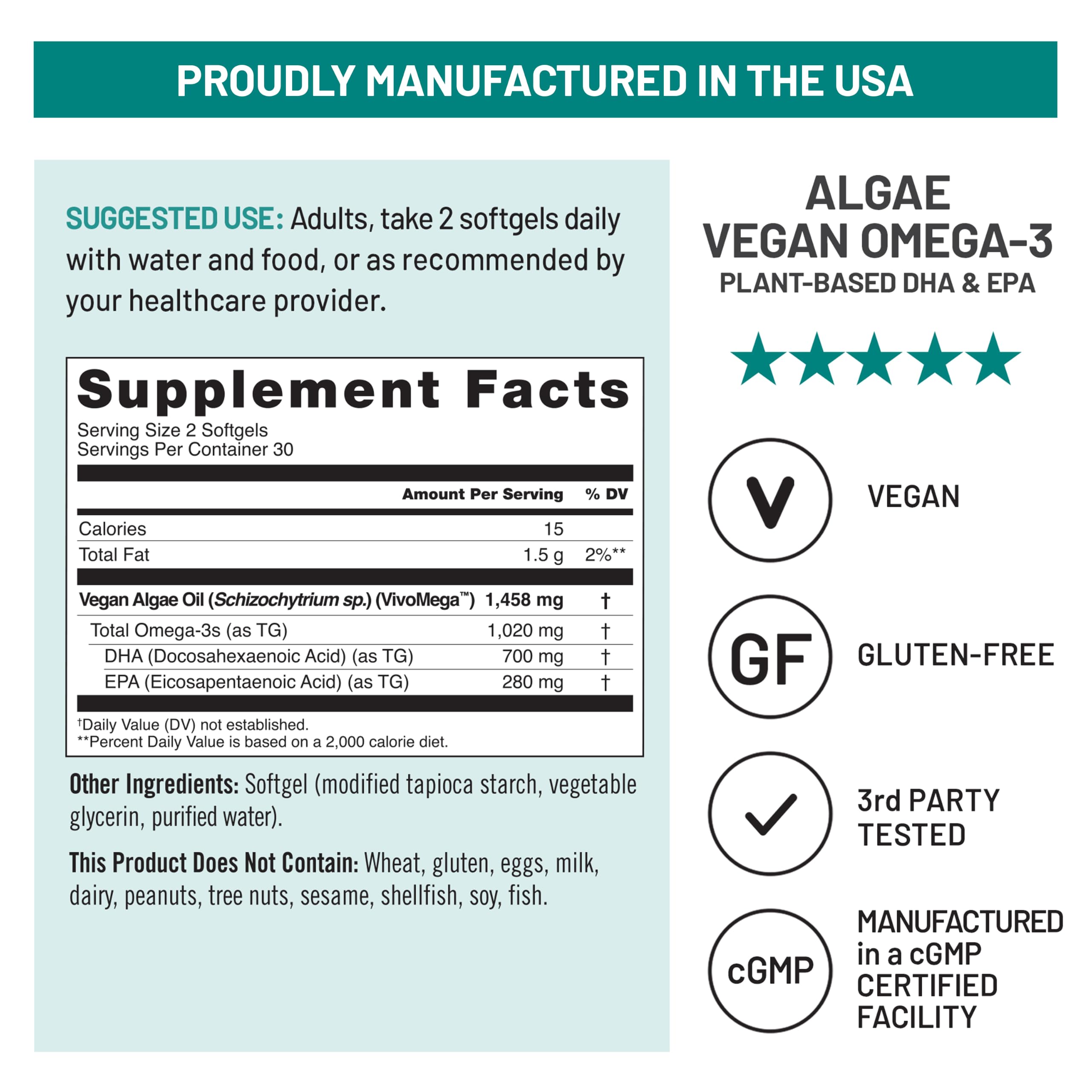NatureWise Vegan Algae Omega-3-1458mg Algae Oil - with Plant-Based 700mg DHA & 280mg EPA - Carrageenan Free - Lemon ScentCert Included - Non-GMO - USA Manufactured - 60 Softgels[30-Day Supply] — Amazon image 6