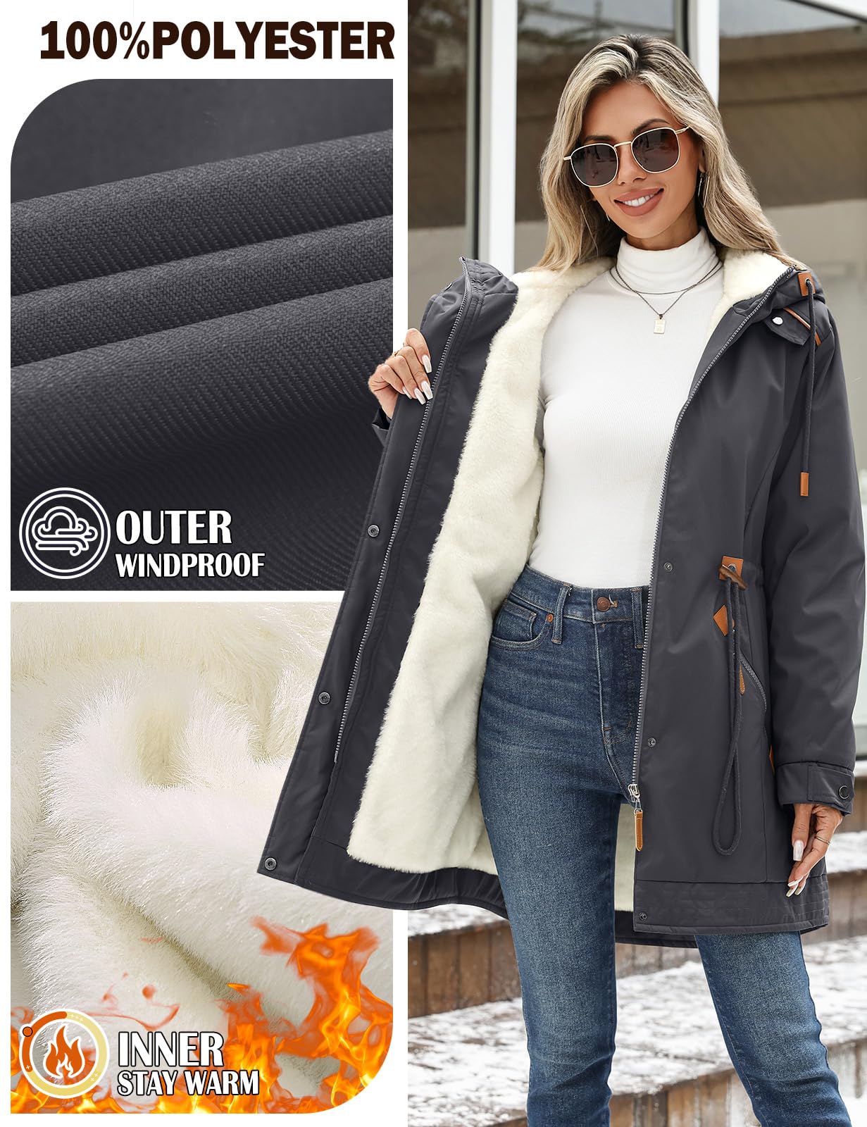 Giacca Donna Invernale Lungo Caldo Parka Cappotto con Cappuccio Autunno Invernali Giubbotto Elegante Giubbino Imbottito Casual Giacca Pile Slim Fit Outwear con Tasche