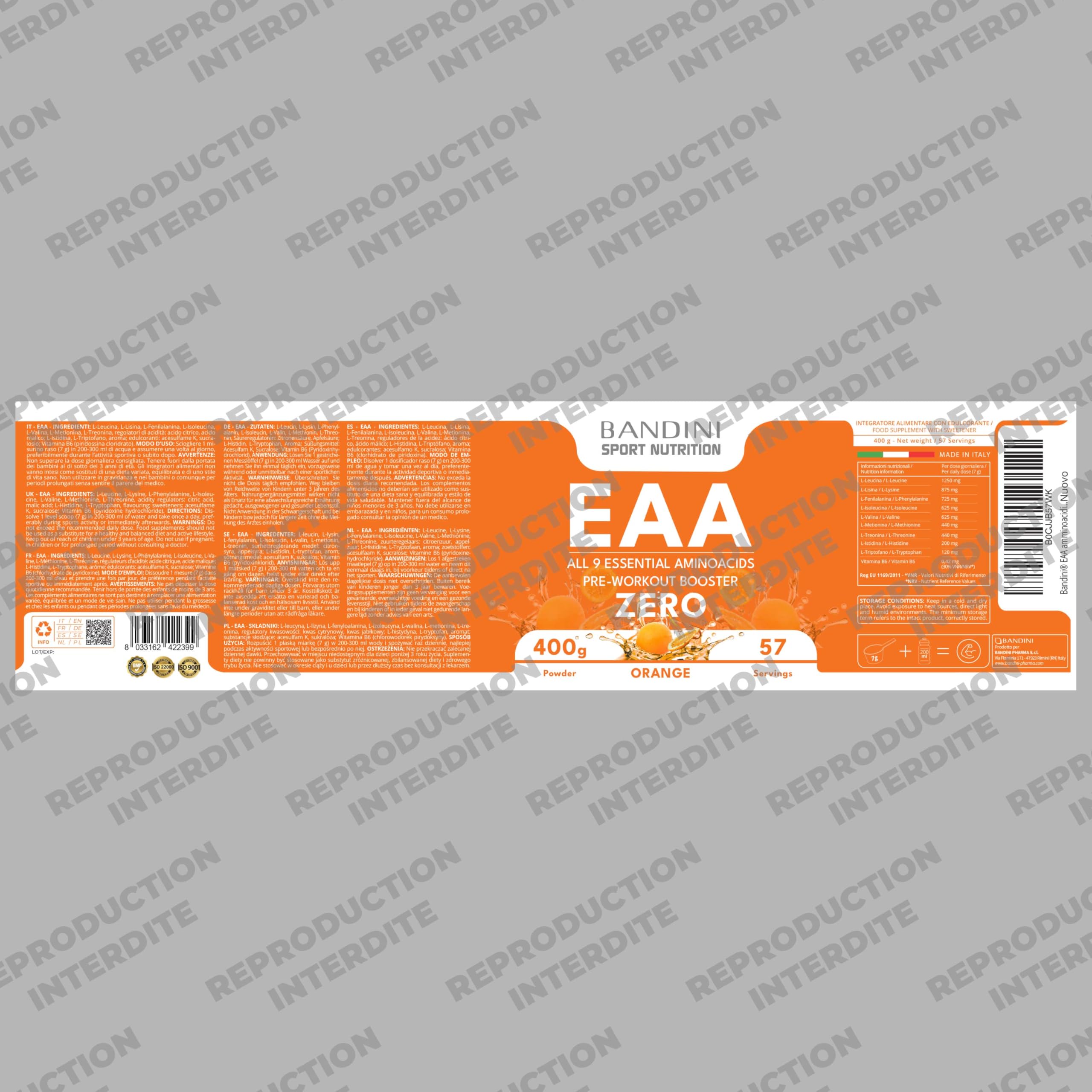 Bandini® EAA ZERO Poudre | Acides Aminés Essentiels AAE 400g Powder | Supplément Végétalien Sans Sucre | Apport Optimal de 9 Amino Acids | Puissant Pre Workout | Boisson Vegan au goût d'Orange