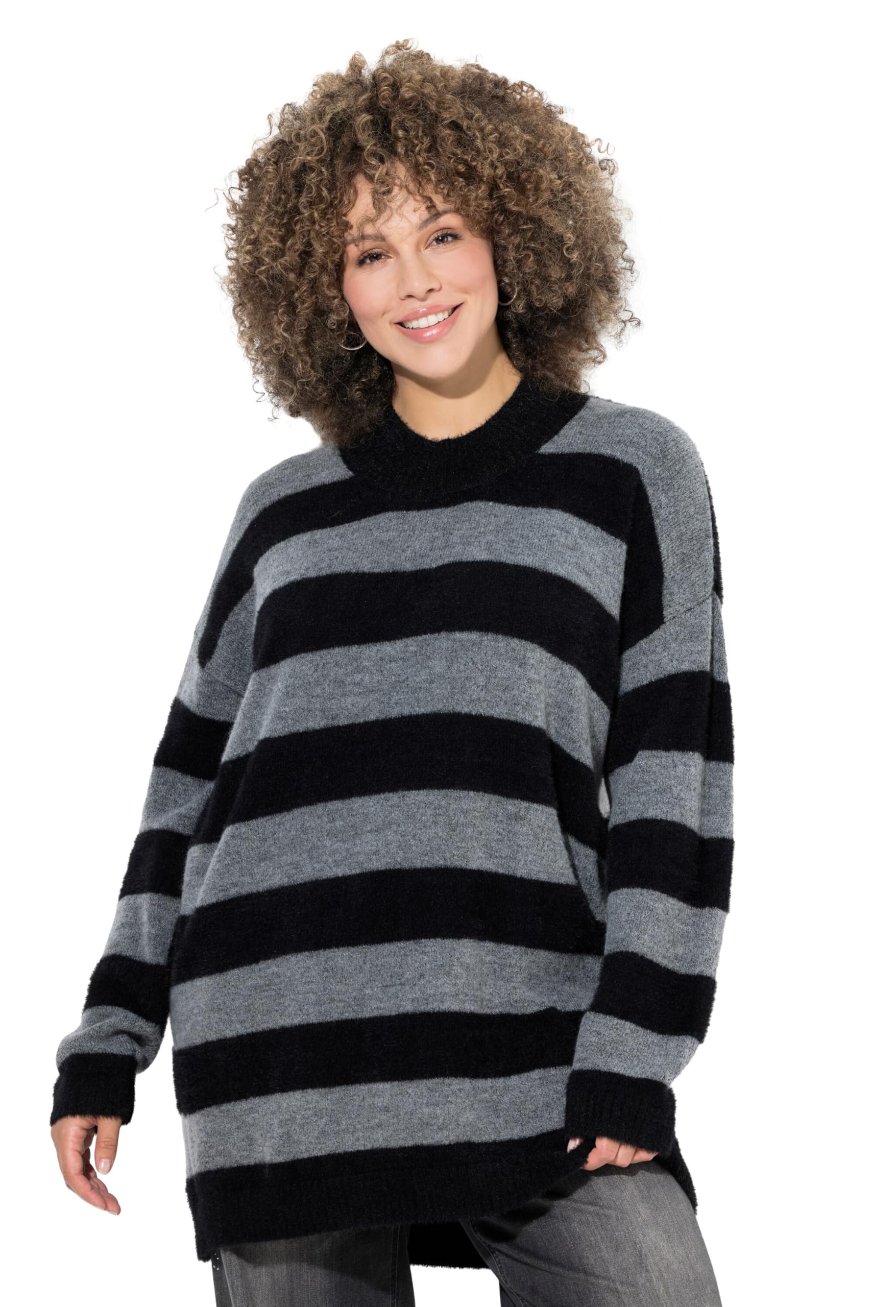 Ulla Popken Damen große Größen Übergrößen Plus Size Pullover, Streifen, Stehkragen, Langarm, kuschelweich 842848