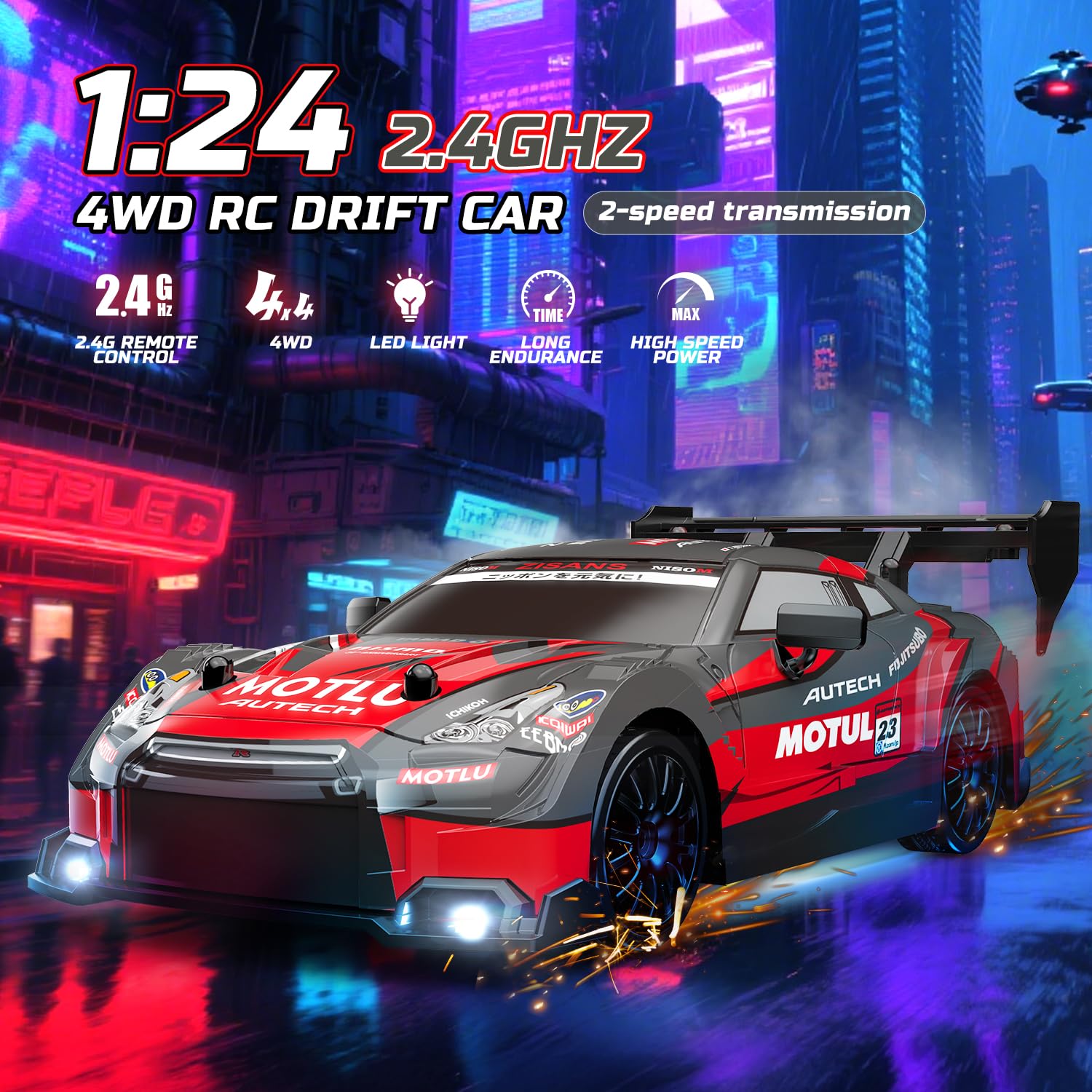 DEERC RC Drift Auto 4WD 2,4 GHz Auto Telecomando ad alta velocità con 2 carrozzerie, luci a LED, 2 batterie (20 min) e pneumatici Drift, giocattolo da corsa per bambini/ragazzi