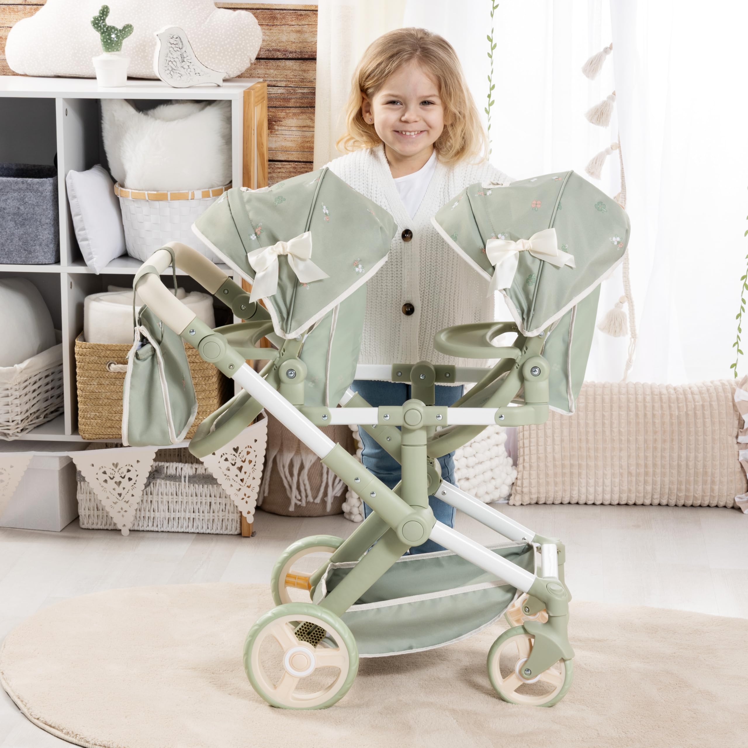 Bayer Design Landau Jumeaux pour Poupée Twin Xeo avec Sac | poussette double, réglable en hauteur, poignée pivotante, roues avant mobiles, panier intégré, sac à bandoulière