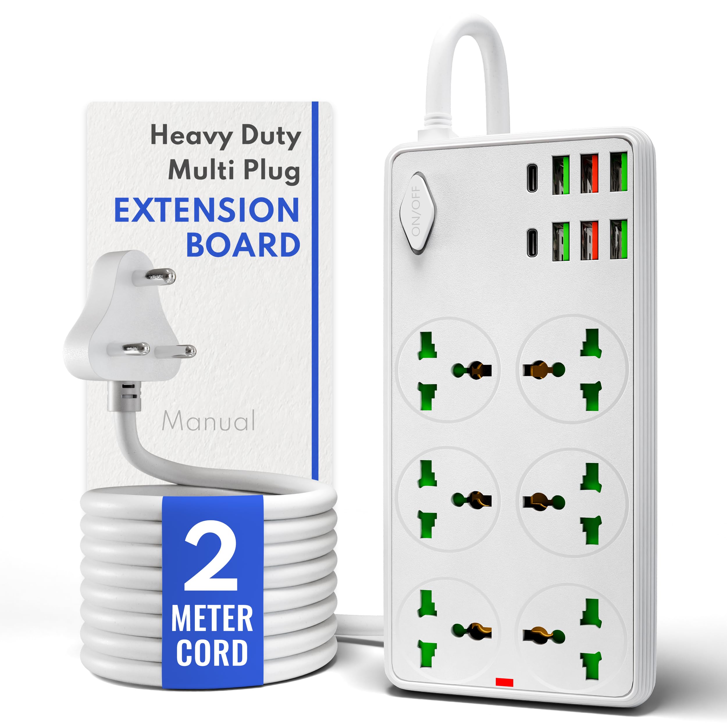 Heavy Duty Multi Plug Extension Board with USB & Type-C, Spike Guard | Individual Switches, 2m Long Wire, Universal Smart Power Extension Cord for Home Office Washing Machine & Heavy Load (White)-image-10