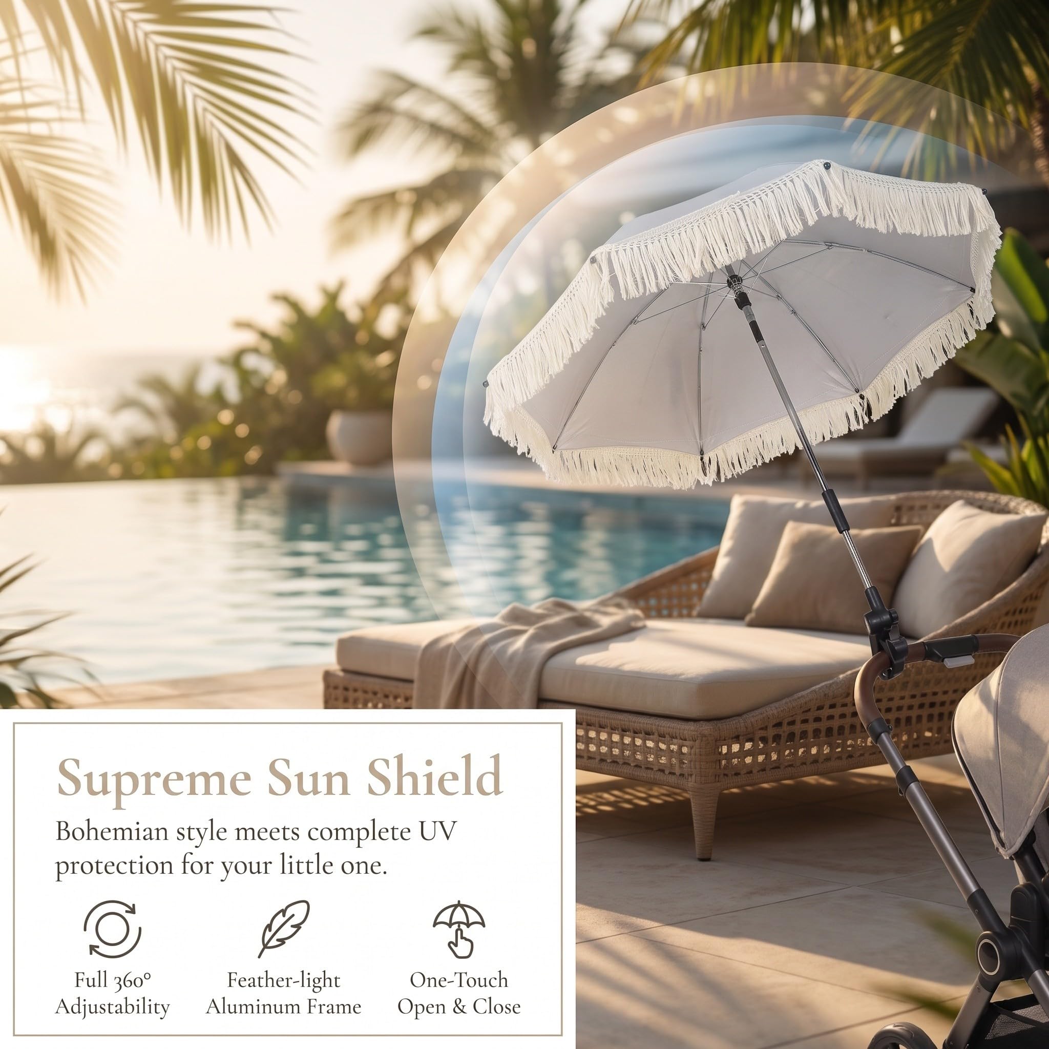 Lurrose Parasol plegable para cochecito de bebé con pinza, sombrilla UV con borlas para cochecito, carrito, viajes y sombra al aire libre, silla y accesorios de camping.