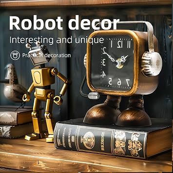 YOUKI Retro Steampunk Clock,Robot Table Clock,Industrial Style Desk and Shelf Clocks,Fireplace Decor,Battery Operated,Silent Non-Ticking,Clock for Office, Living Room Bedroom