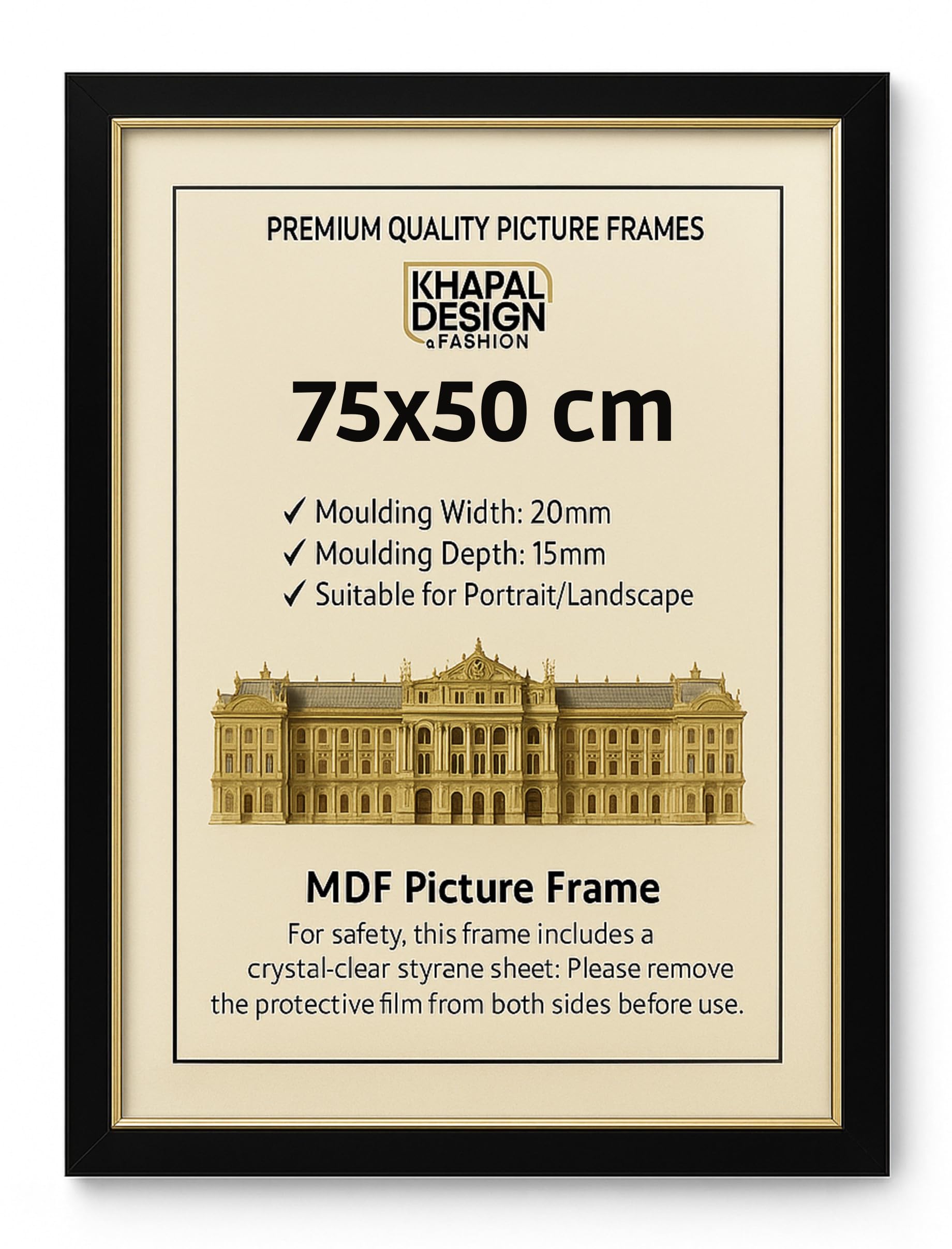 75x50 cm Picture Frame – Black MDF Wall Frame with Clear Shatterproof Styrene Front | Poster & Photo Frame for Artwork Prints Certificates Home Office Décor | Portrait or Landscape-(Black)