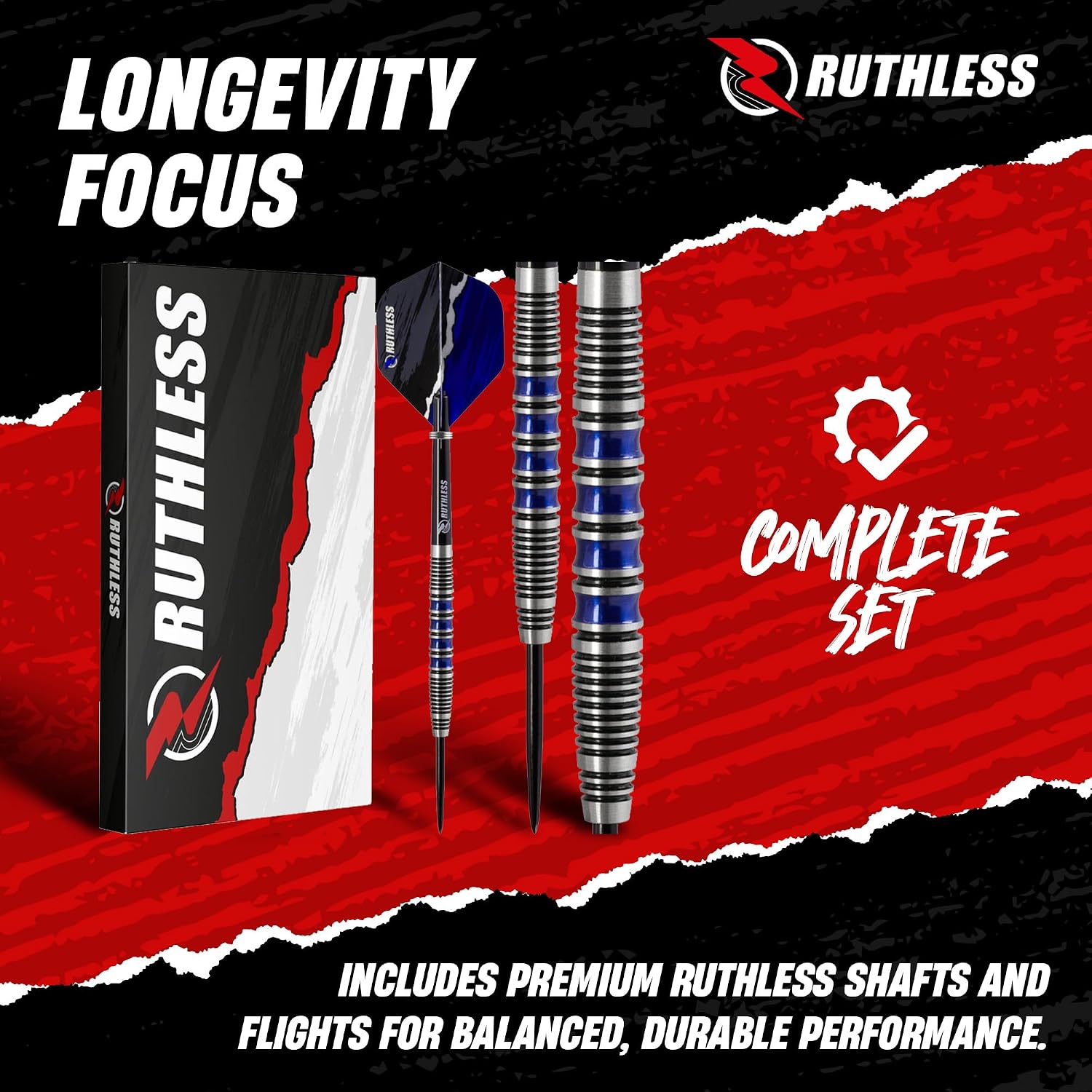 RUTHLESS Red Falcon Professional Tungsten Steeltip Darts Set in 22g and 24g, with Flights and Stems Shafts