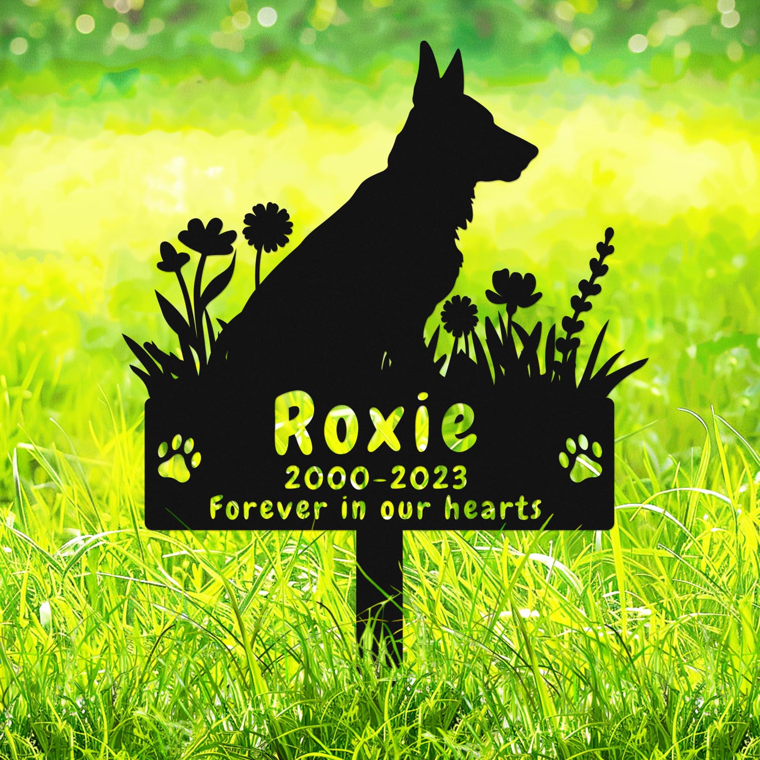 Adthyuxq German Shepherd Custom Dog Memorial Grave Marker Stake, Personalized Memorial Stake Flowers Dog Grave Marker With Paws, Personalised Metal Dog Memorial Plaque Burial Stake