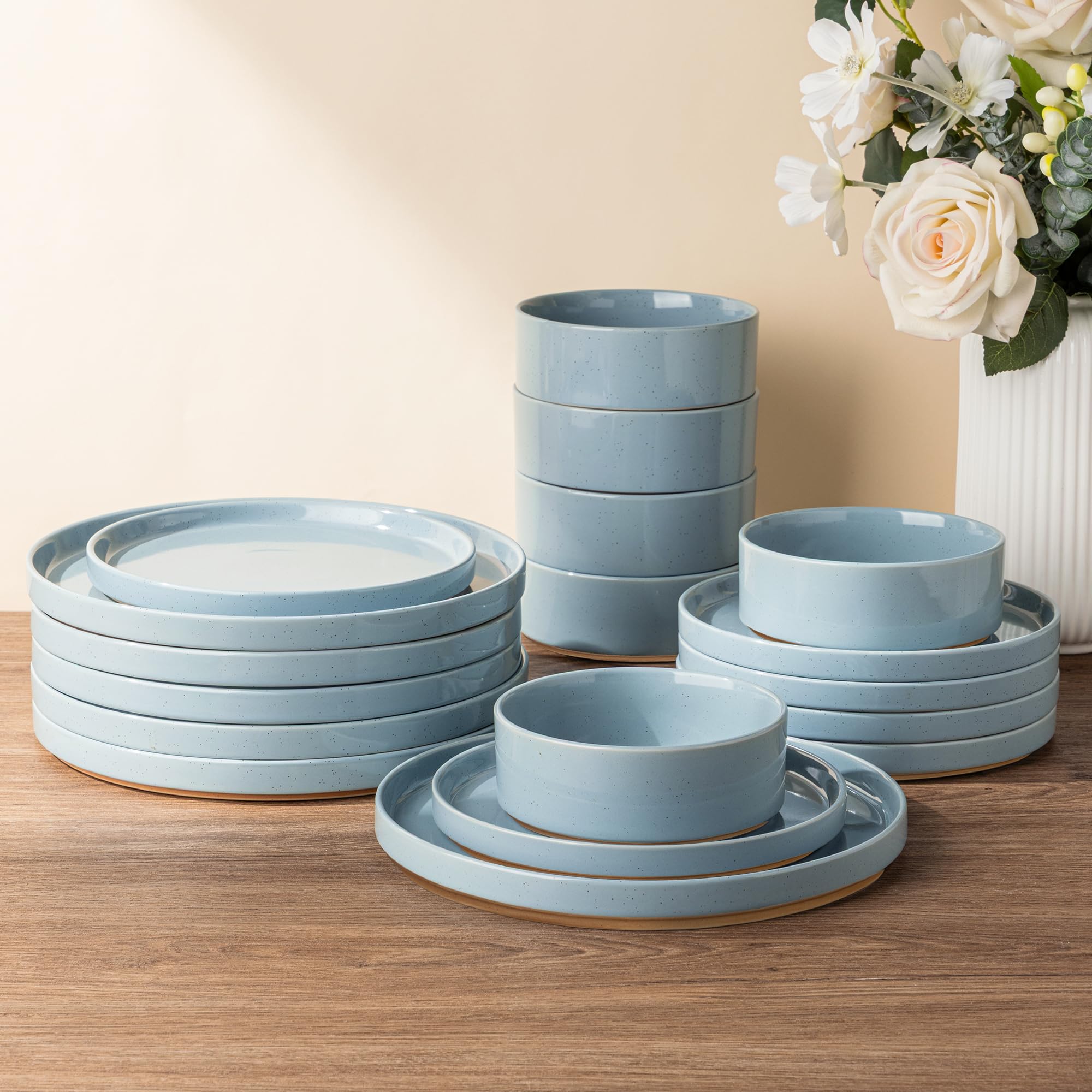 AmorArc Ceramic Dinnerware Set for 8 | Speckled Stoneware Plates and Bowls with Rustic Terracotta Underside| Scratch Resistant,Dishwasher & Microwave Safe Dishes Sets- 24pcs Blue